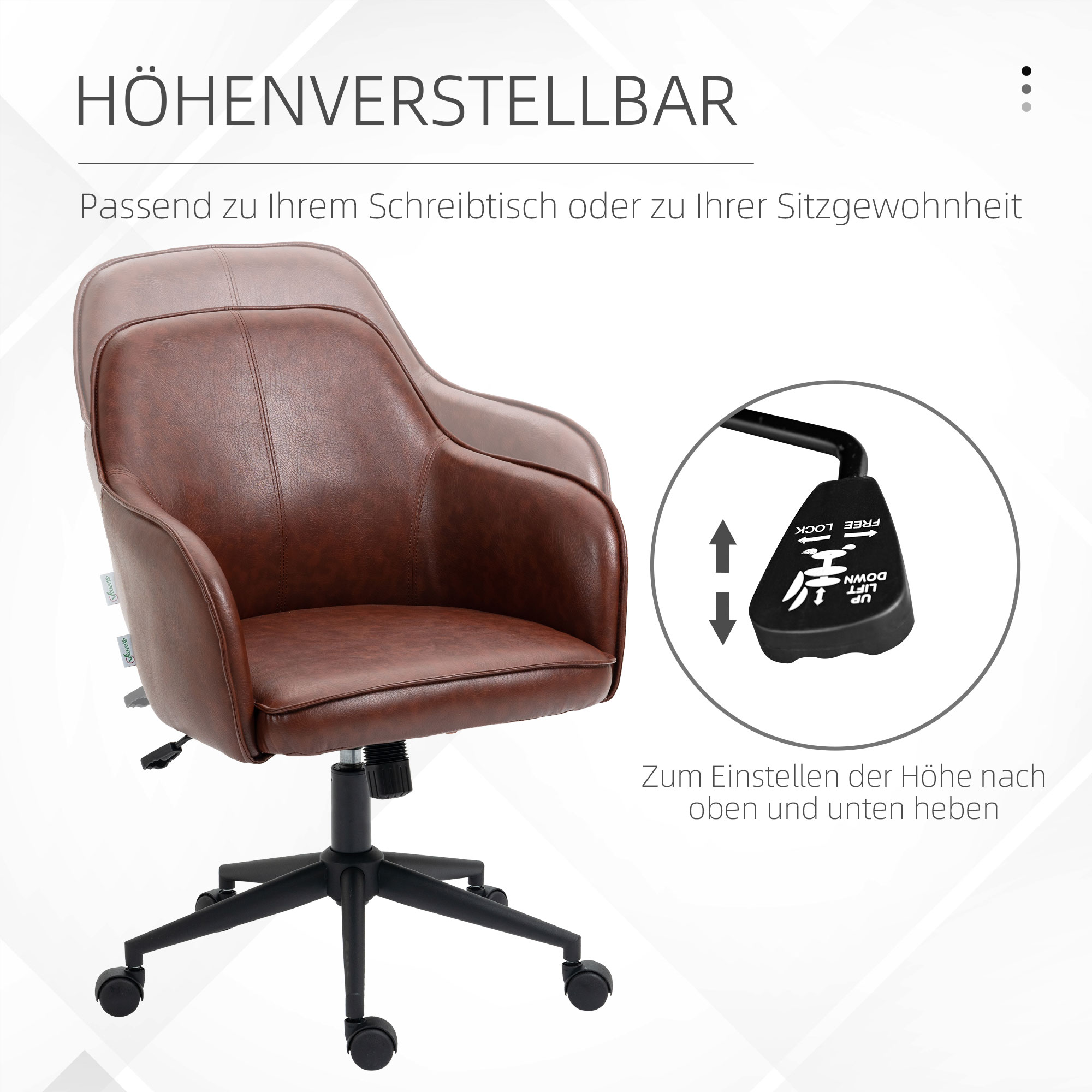 Brauner Bürostuhl mit höhenverstellbarer Funktion. Der Stuhl steht auf Rollen mit schwarzem Fuß.