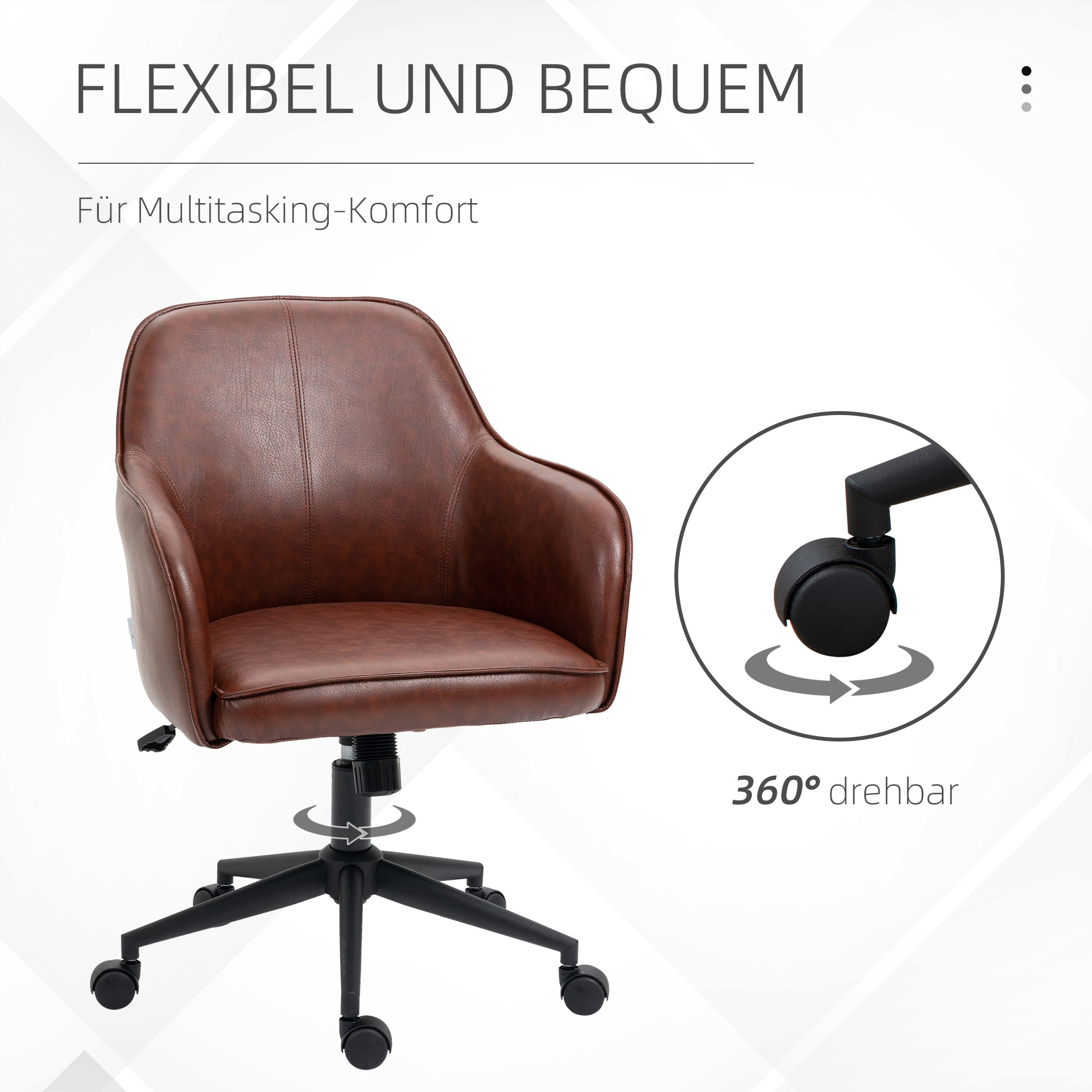 Ein brauner Leder-Bürostuhl mit schwarzen Rollen und einem Drehfuß.