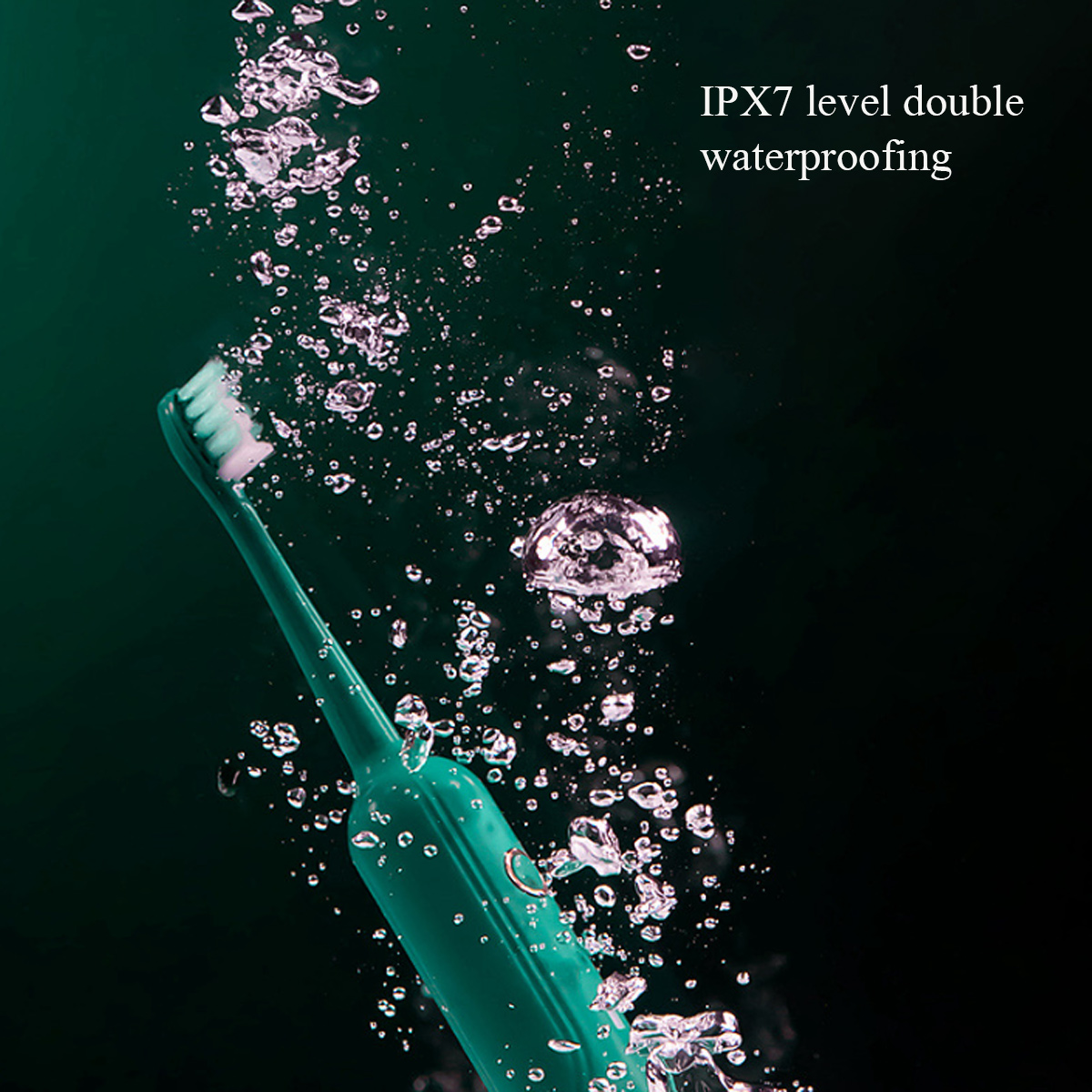 Eine grüne elektrische Zahnbürste unter Wasser mit Blasen. Text lautet: IPX7-Level-Doppeldichtigkeit.