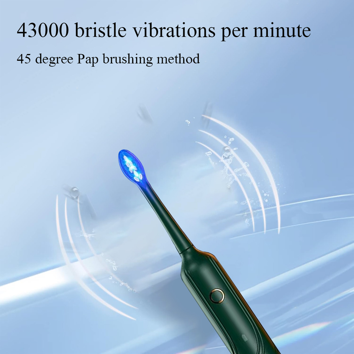 Elektrische Zahnbürste mit blau beleuchtetem Kopf und Text, der 43000 Borstenvibrationen und eine 45-Grad-Methode beschreibt.
