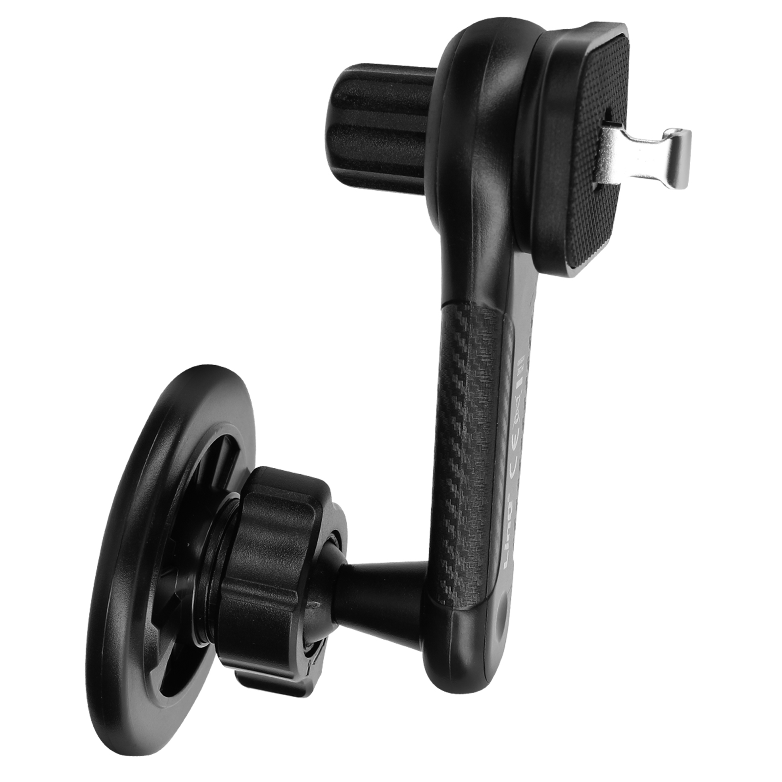 Supporto per telefono nero per auto, con base di montaggio e braccio regolabile.