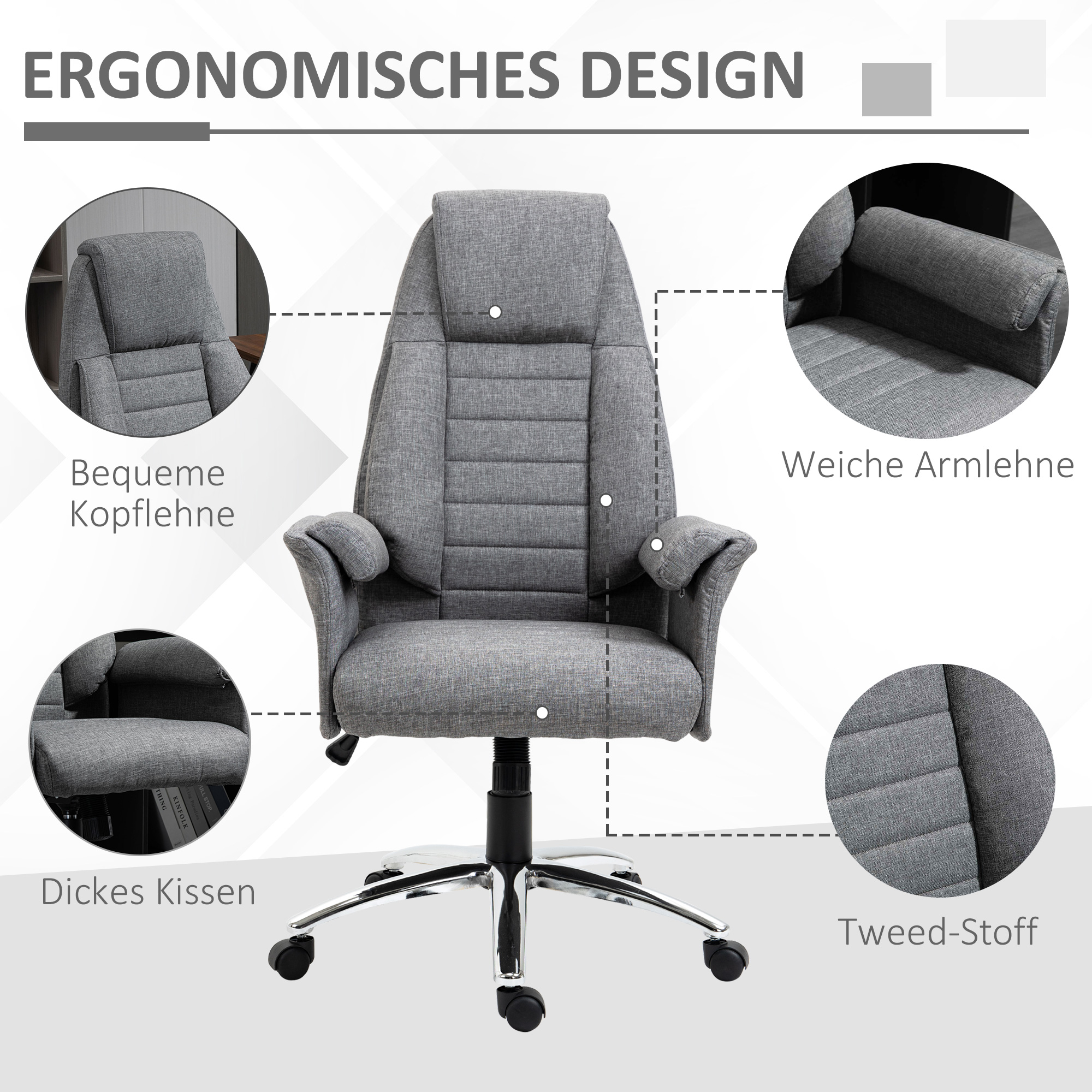 Diagramm eines ergonomischen Bürostuhls, der Funktionen mit deutschem Text detailliert.