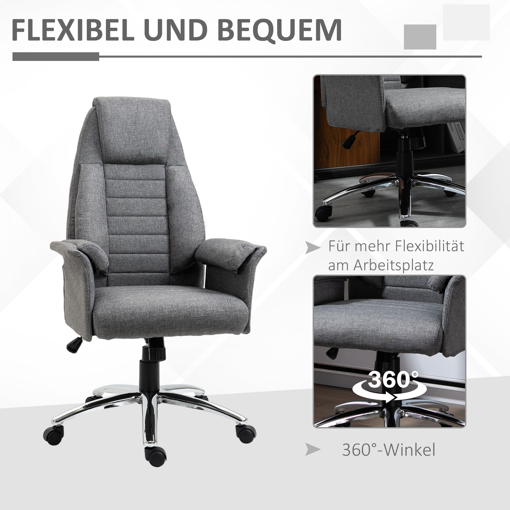 Grauer Bürostuhl mit Armlehnen und Chromfuß.