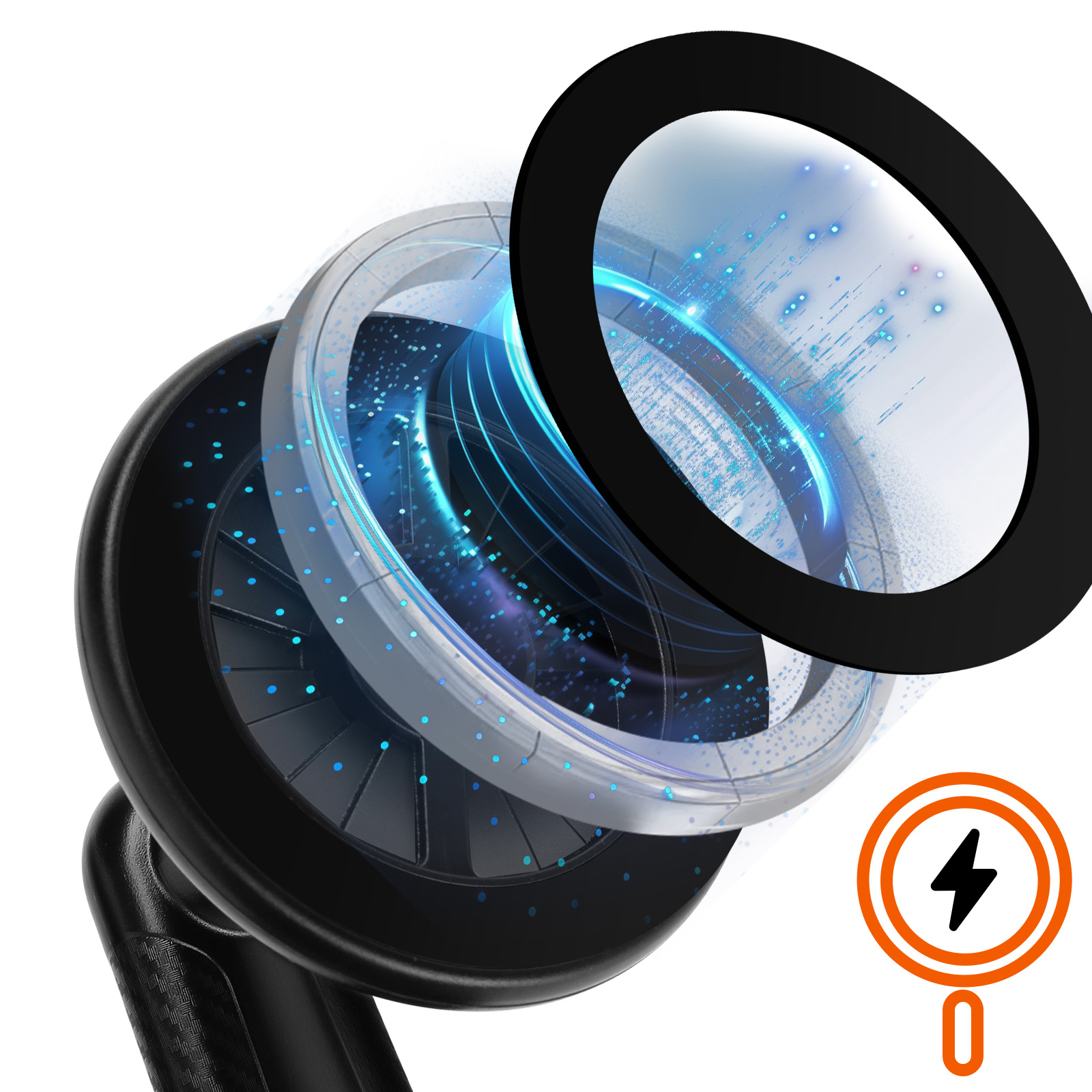 Caricatore wireless con design a strati, elementi neri e trasparenti e simbolo del fulmine.