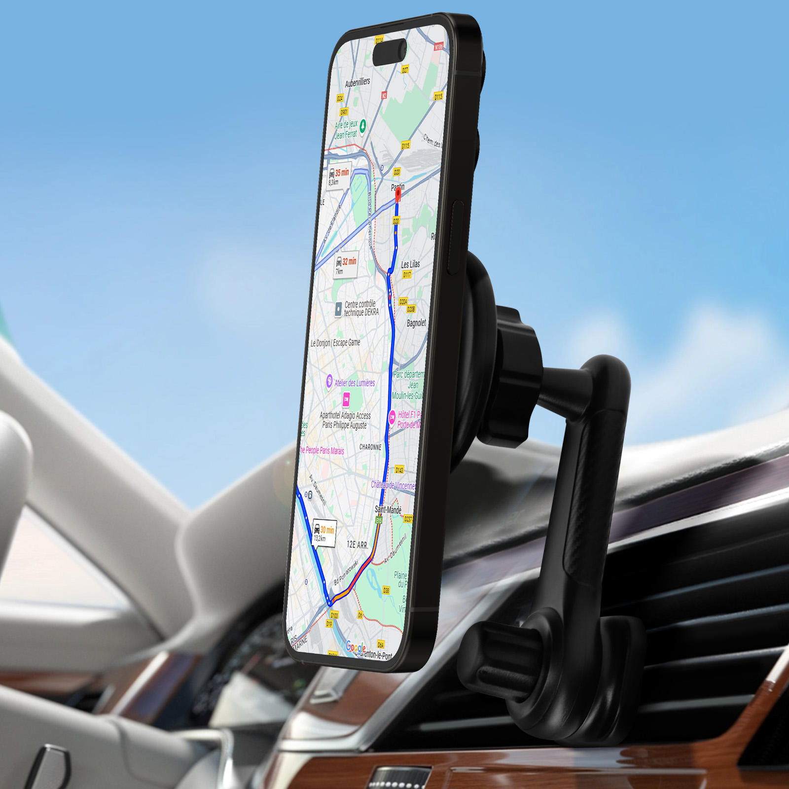 Supporto nero per telefono da auto con telefono che mostra una mappa. Il supporto è attaccato alla ventilazione.