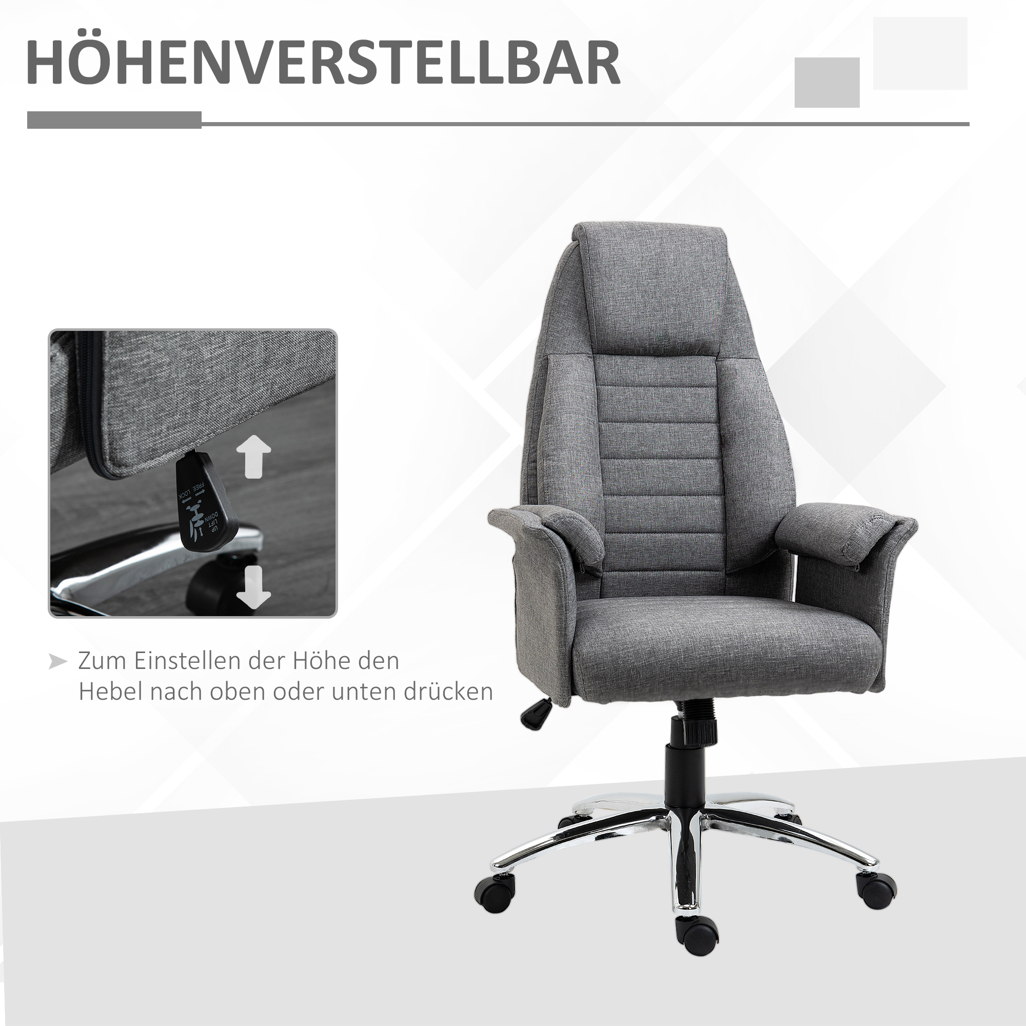 Grauer Bürostuhl mit höhenverstellbarer Funktion, Nahaufnahme des Hebels.
