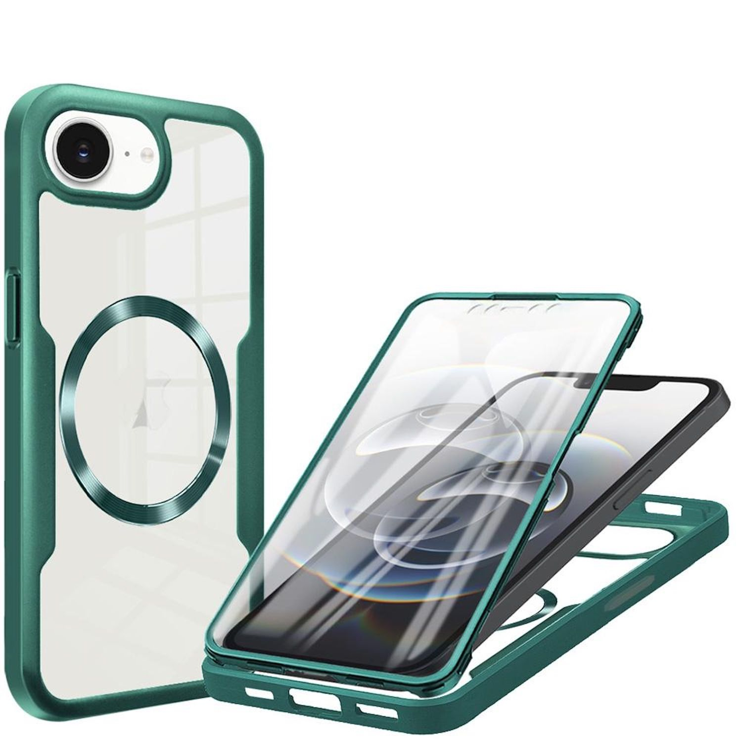 Transparente Handyhülle mit grünem Rahmen um ein Telefon. Ein Telefon befindet sich darin.
