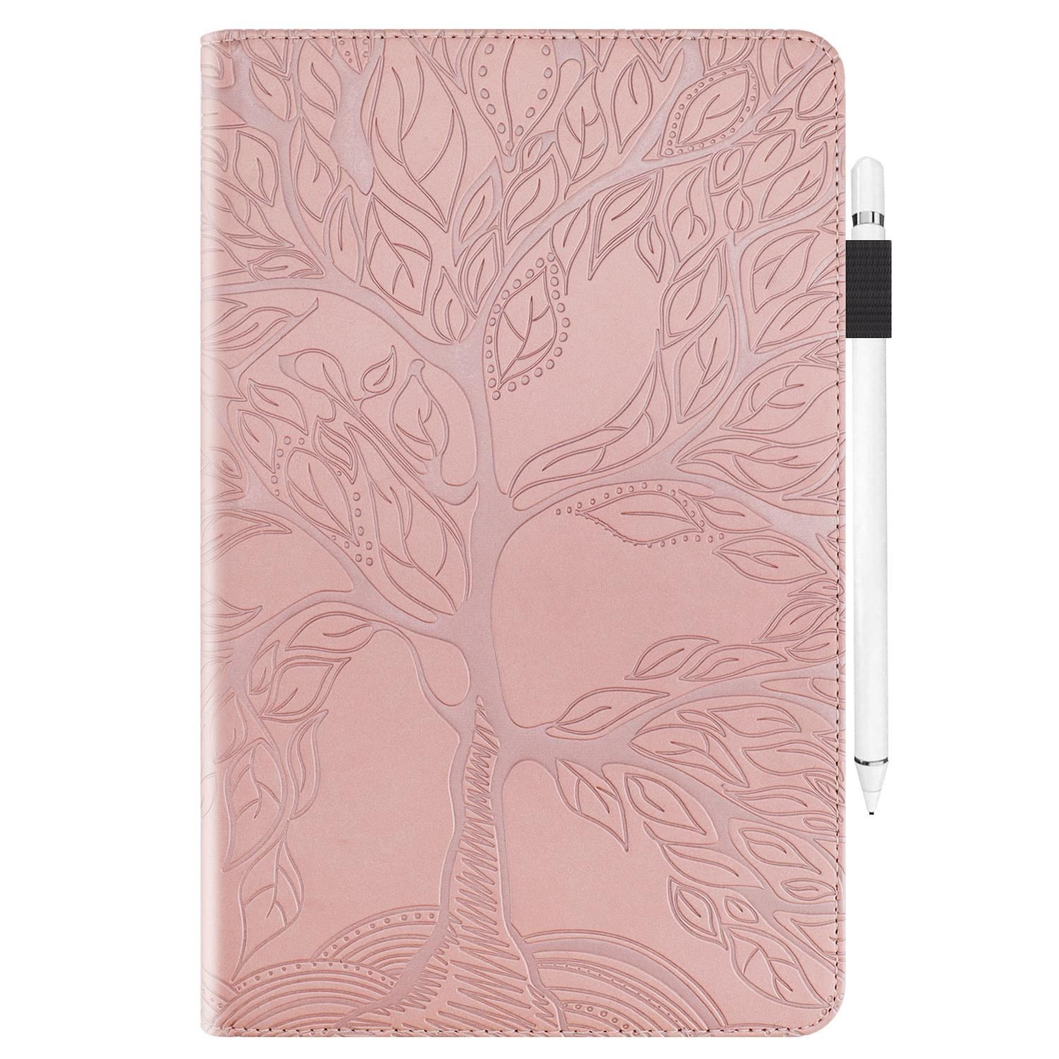 Rosa Tablet-Hülle mit Baumdesign und weißem Stift. Isoliert auf Weiß.