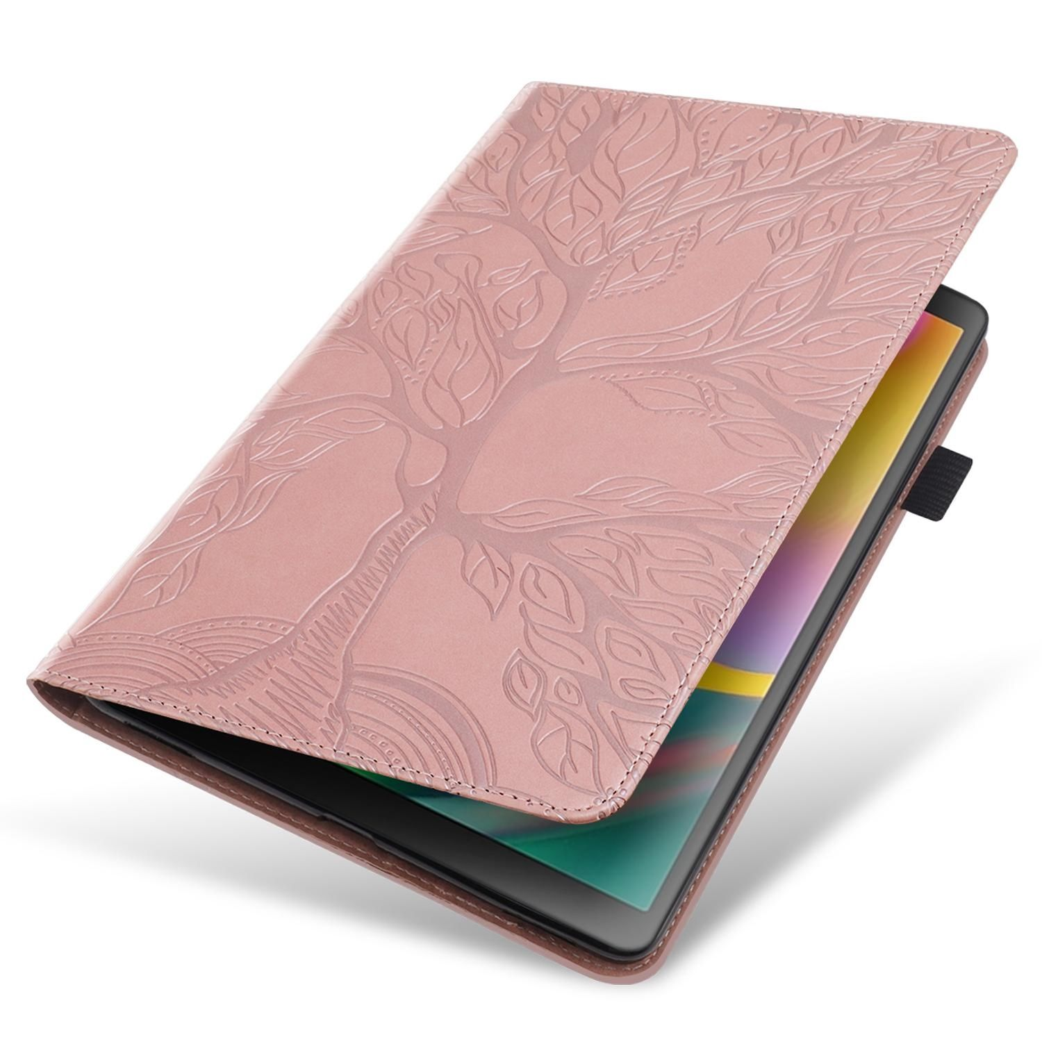 Rosa Tablet-Hülle mit Baumdesign, offen über einem Tablet. Schräge Ansicht.