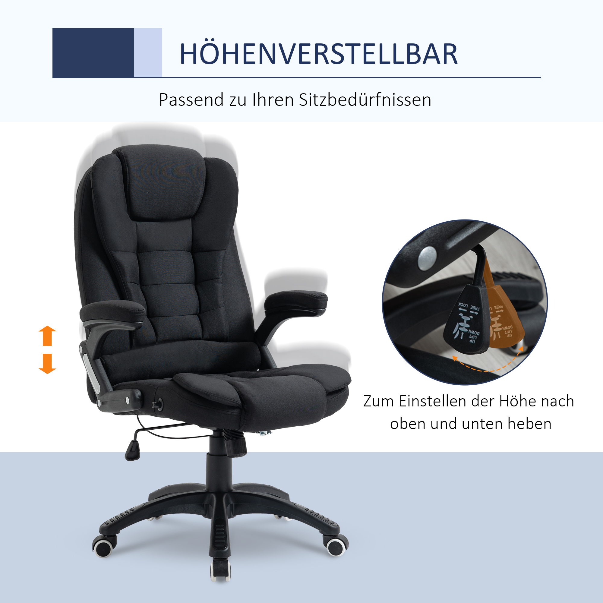 Schwarzer Bürostuhl, höhenverstellbar, mit Nahaufnahme des Verstellmechanismus. Weißer Hintergrund.