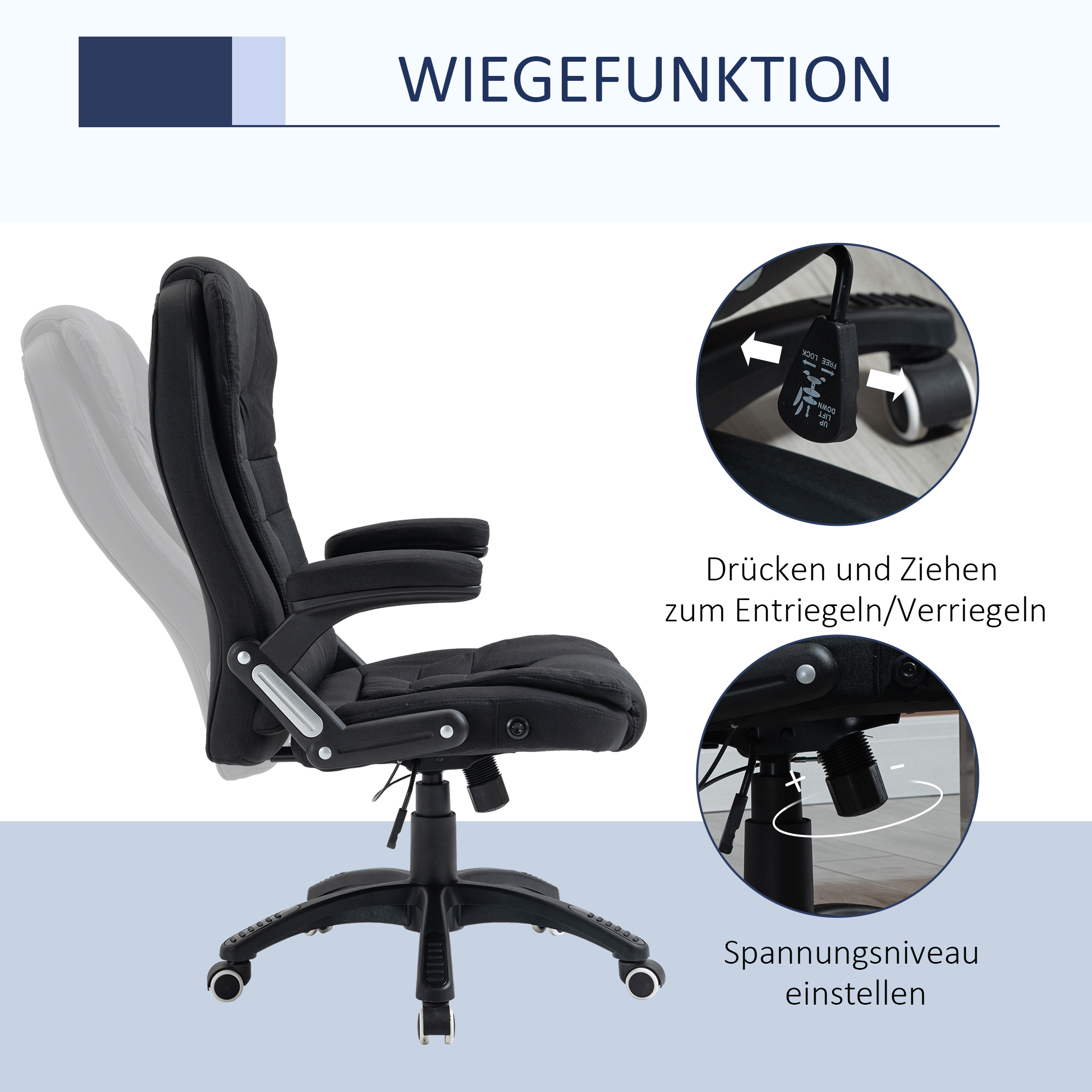 Schwarzer Bürostuhl mit Liegefunktion. Das Bild zeigt, wie man die Spannung einstellt.