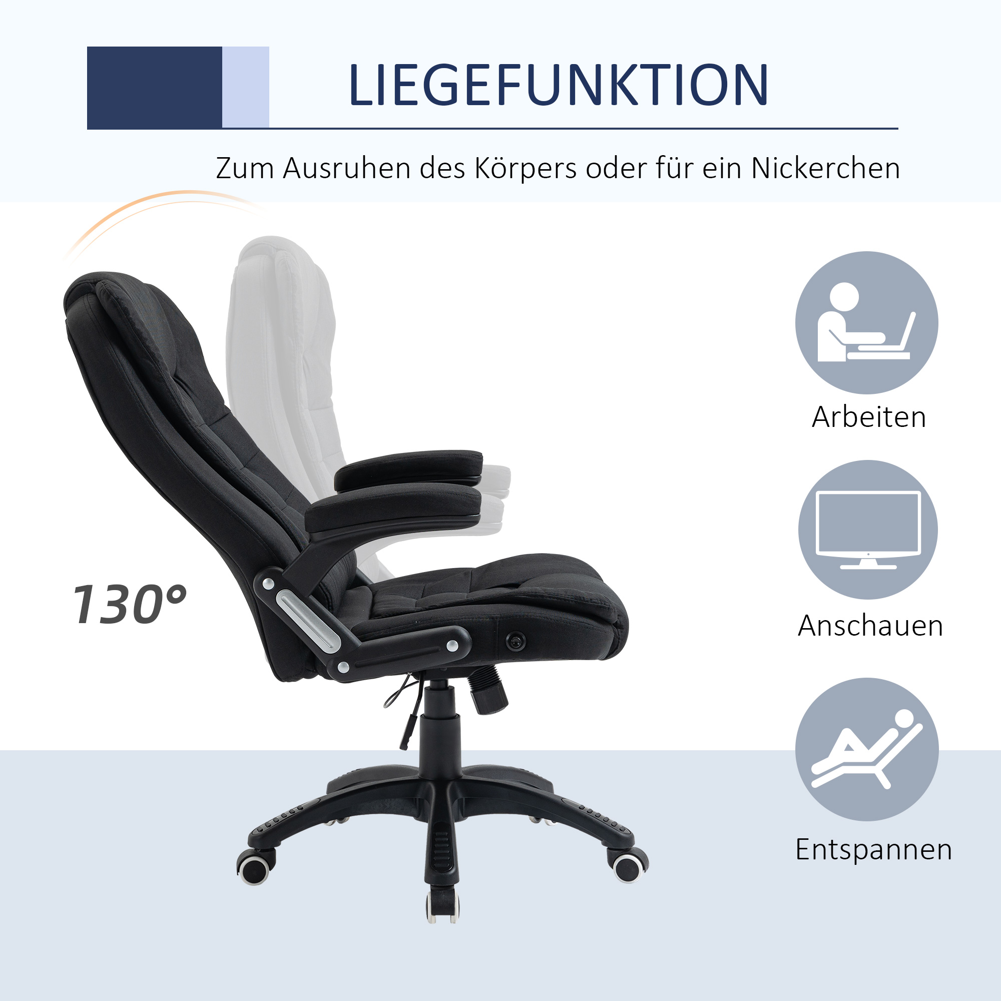 Schwarzer Bürostuhl, der sich um 130 Grad neigt. Text zeigt, dass er zum Ausruhen oder Nickerchen geeignet ist.