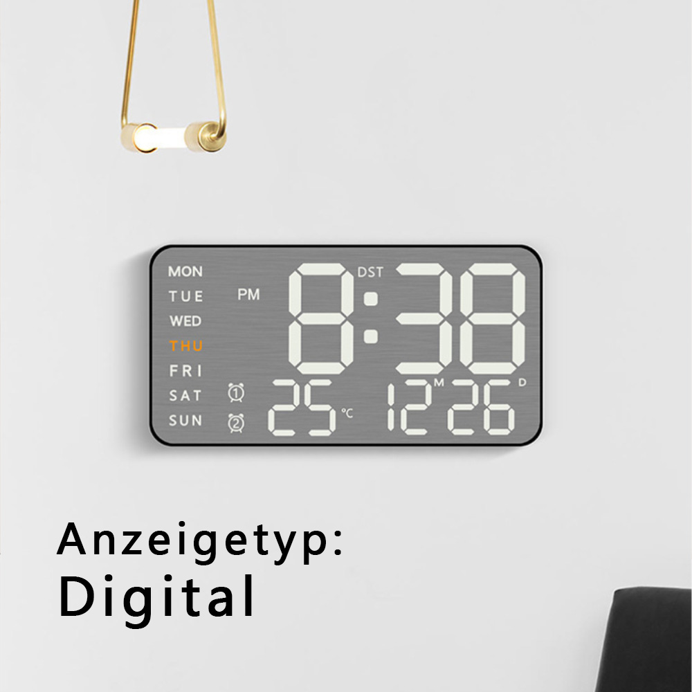 Digitaluhr zeigt 8:38 und das Datum, mit einer Anleitung auf Deutsch.