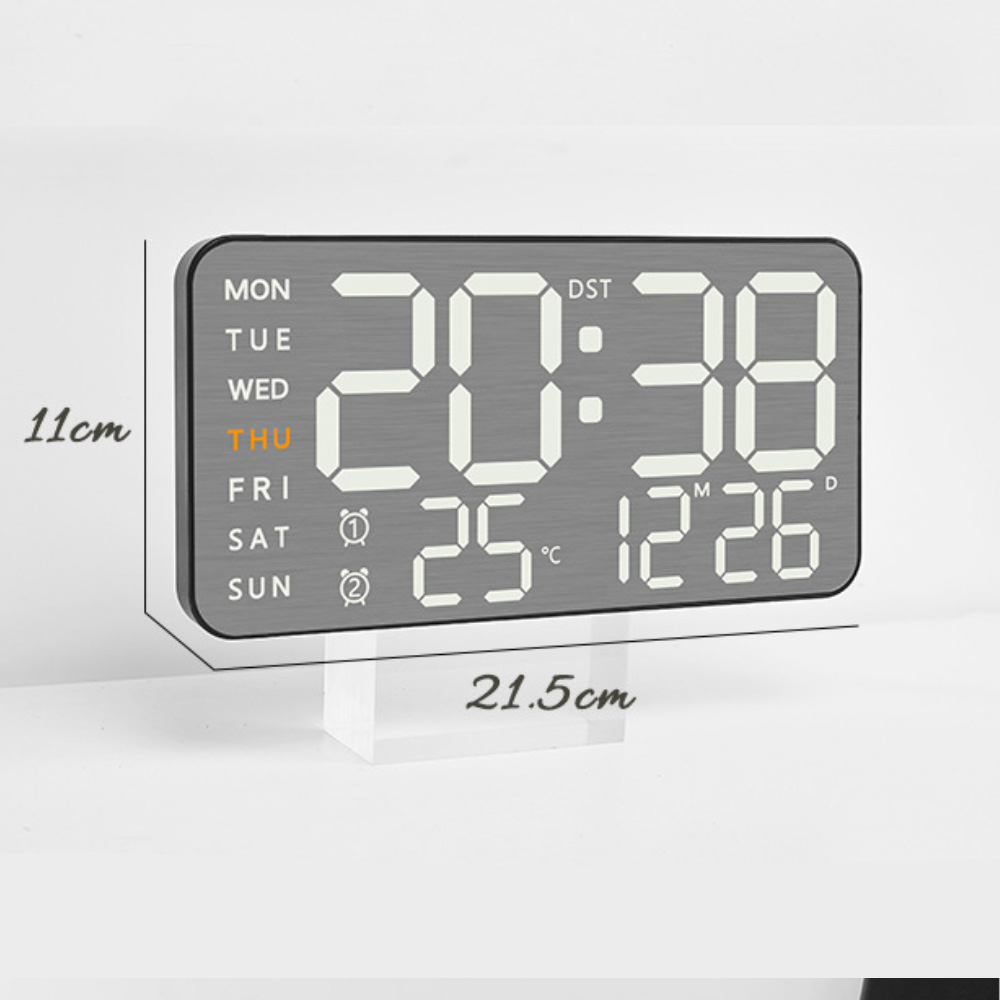 Digitaluhr mit 20:38, Wochentagen, Datum und Temperatur. Grau-weißes Design.