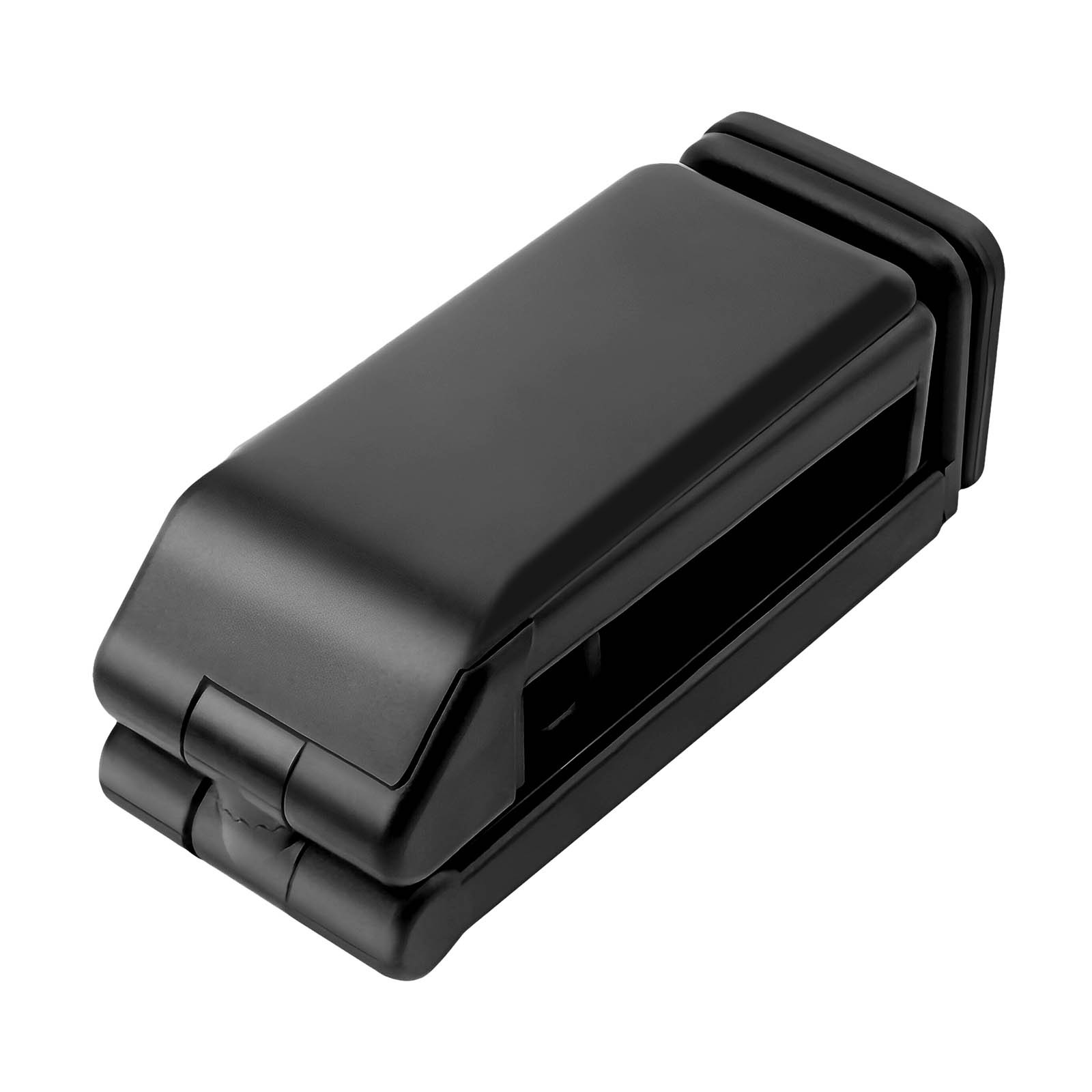Gadget nero piegato. Sembra un supporto per telefono. Design semplice e compatto. Pronto per l'uso.