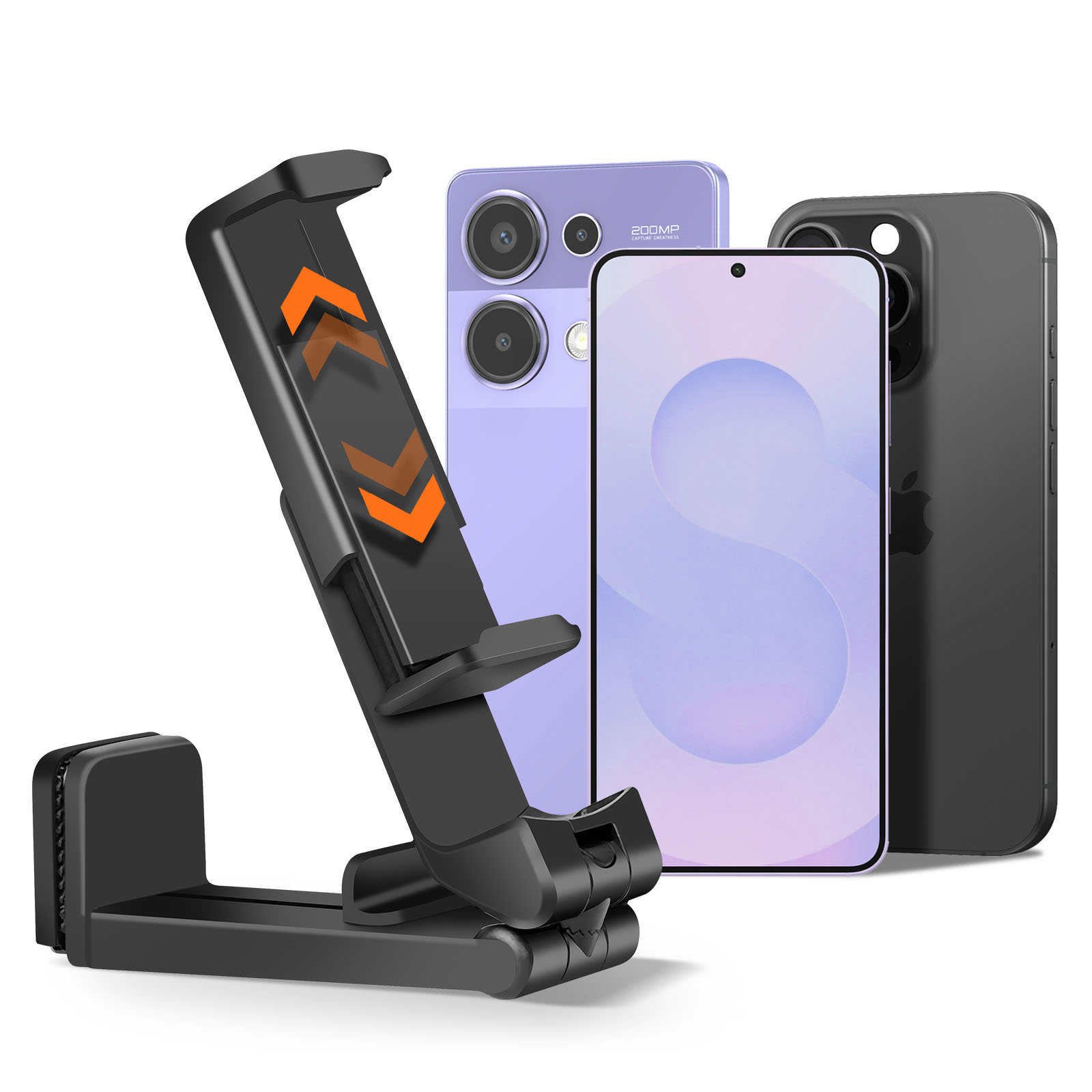 Supporto per telefono nero con tre telefoni. Uno è viola con fotocamera, gli altri sono neri.