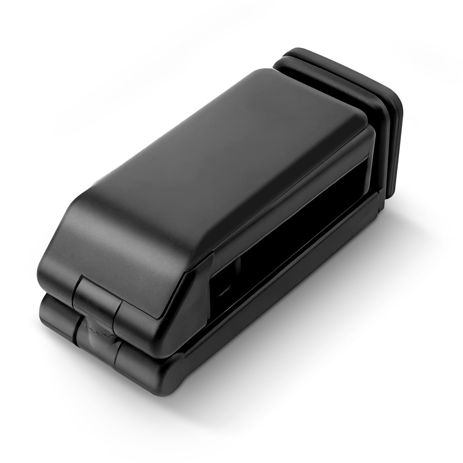 Articolo di plastica nera piegato. È un design compatto, probabilmente un supporto o una custodia.