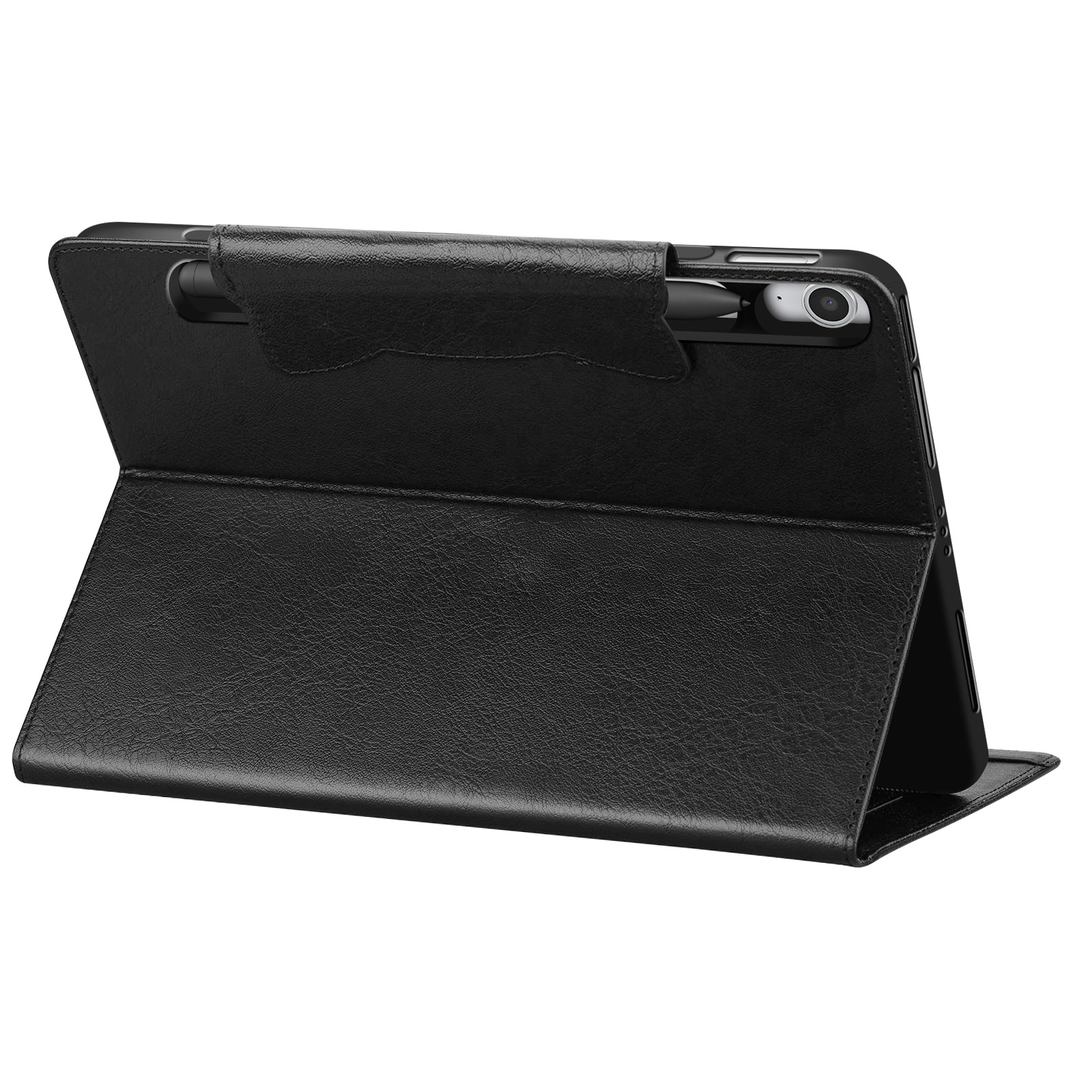 Custodia per tablet nera in posizione piegata. La custodia è in pelle e tiene il tablet in modo sicuro.