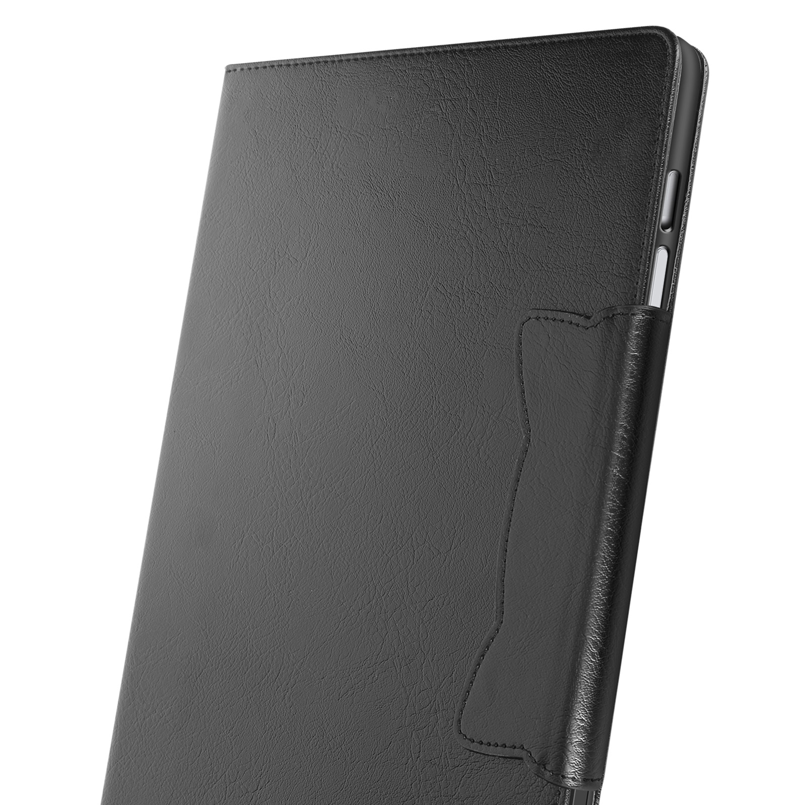 Primo piano di una custodia per tablet nera. La custodia è in pelle e in posizione chiusa.