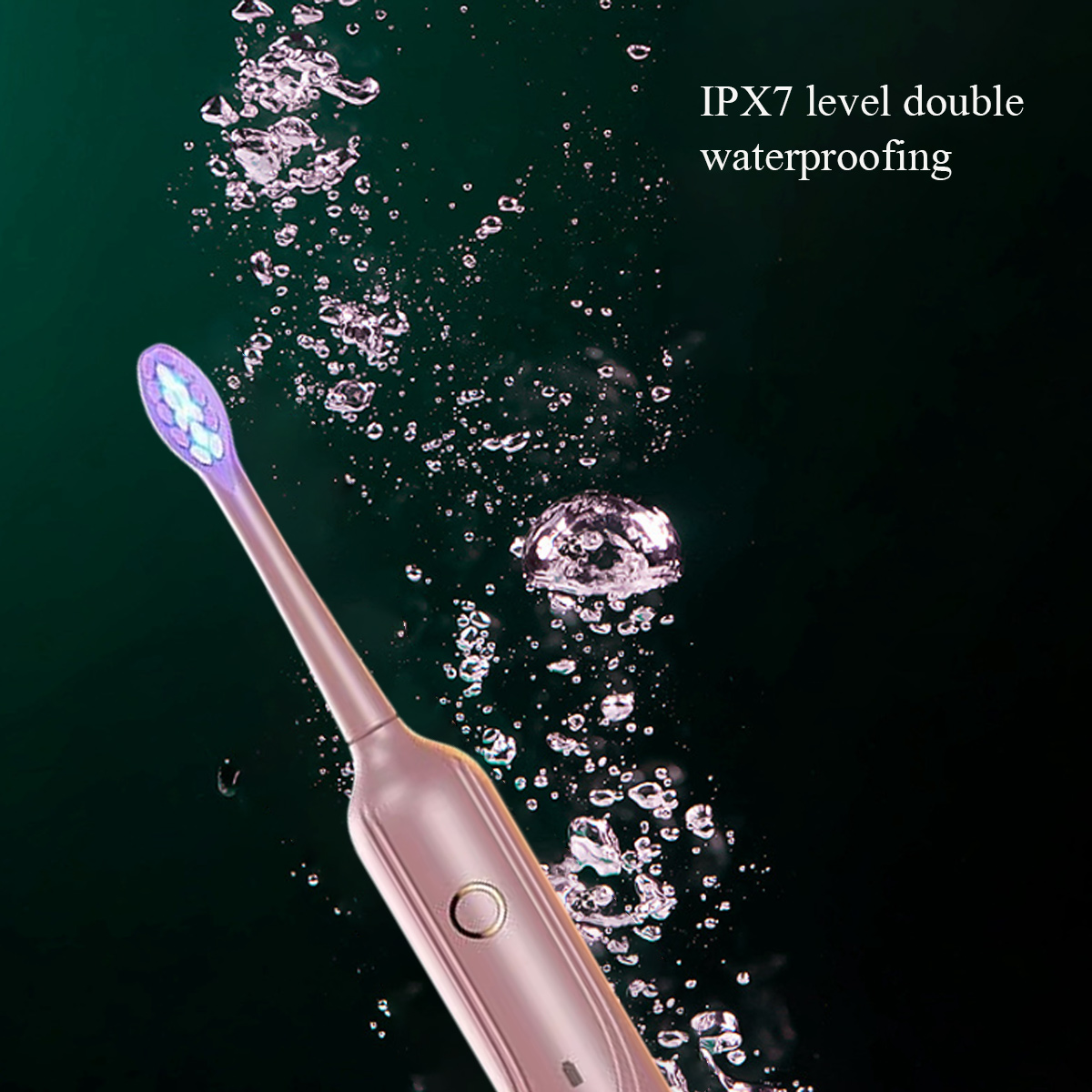 Eine elektrische Zahnbürste im Wasser. Es hat IPX7-Doppeldichtung. Blasen sind im Wasser.