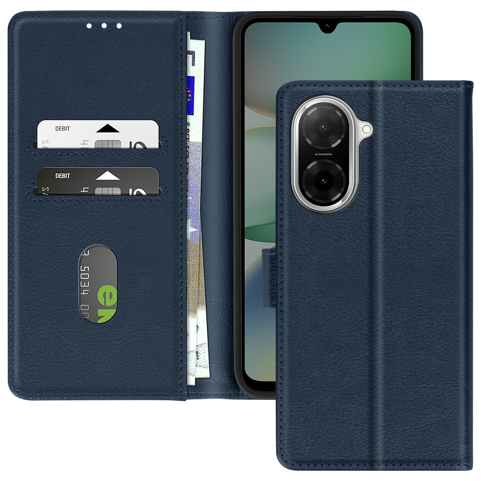 Una custodia blu per telefono con un telefono all'interno. Carte di credito e denaro nelle fessure della custodia.