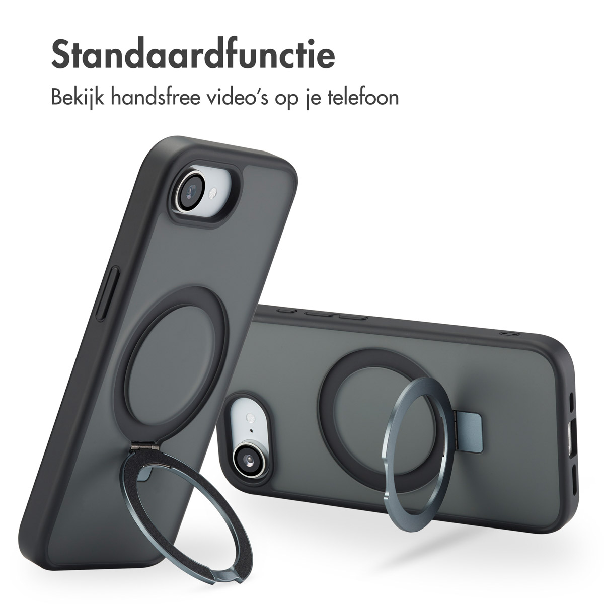 Twee telefoonhoesjes met ringhouders. Eén staat rechtop, de andere is gekanteld. Beide zijn grijs en zwart.