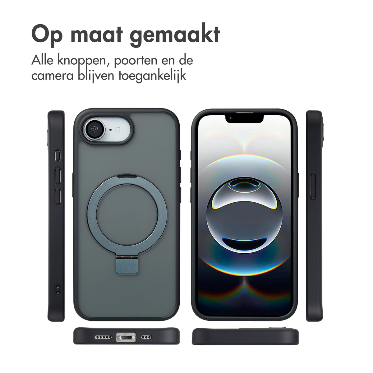 Een telefoonhoesje met een ringhouder. Het toont verschillende hoeken van de telefoon. Alle knoppen, poorten, camera toegankelijk.