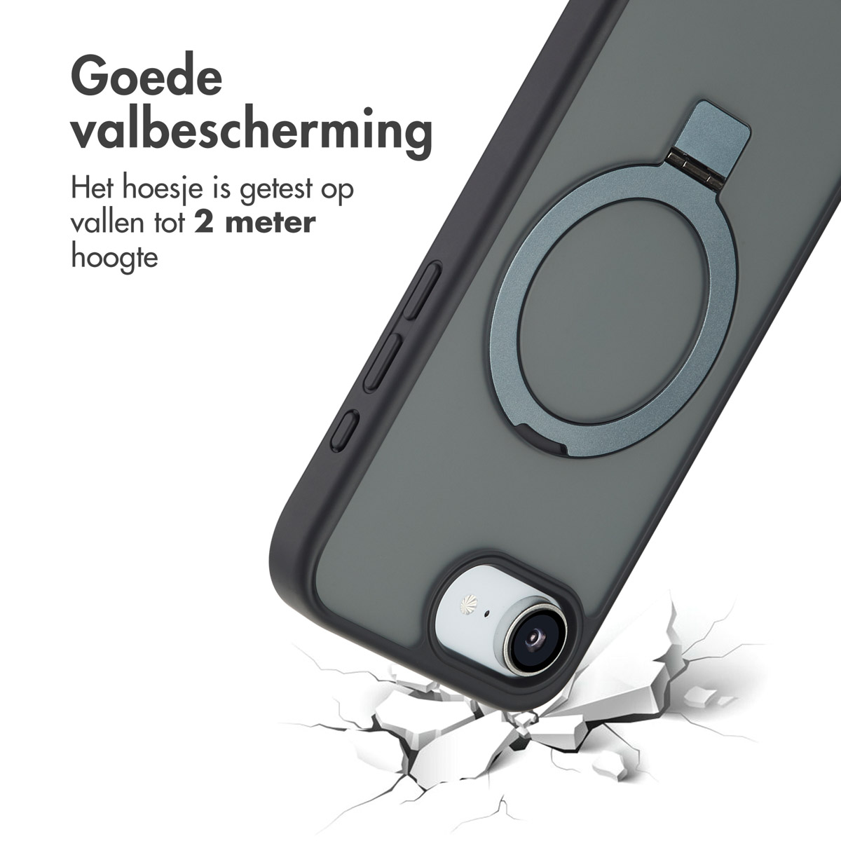 Een telefoonhoesje met een ringhouder. De hoes beschermt de telefoon. De telefoon is op de grond gevallen.