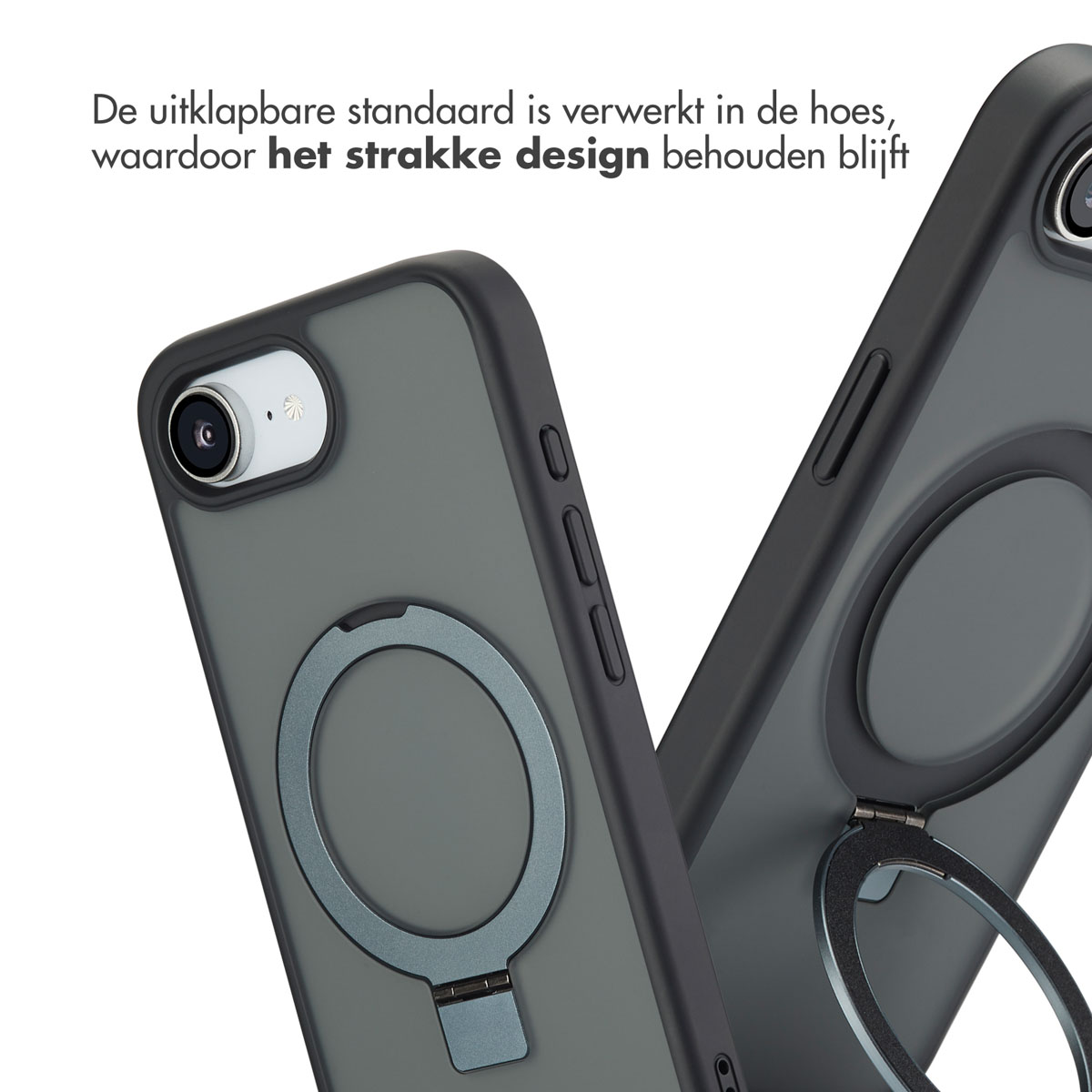 Close-up van twee telefoonhoesjes met ringhouders. De hoesjes zijn grijs en zwart. Eén is gedeeltelijk open.