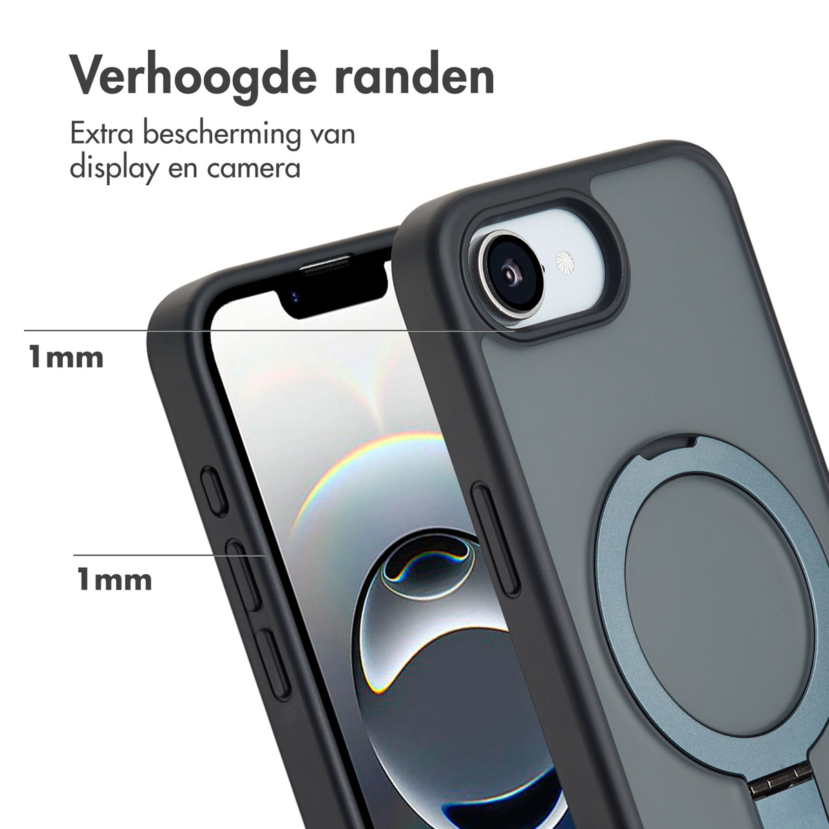 Close-up van een telefoonhoesje met een ringhouder. De case is grijs en zwart. Zichtbare randen tonen 1 mm dikte.