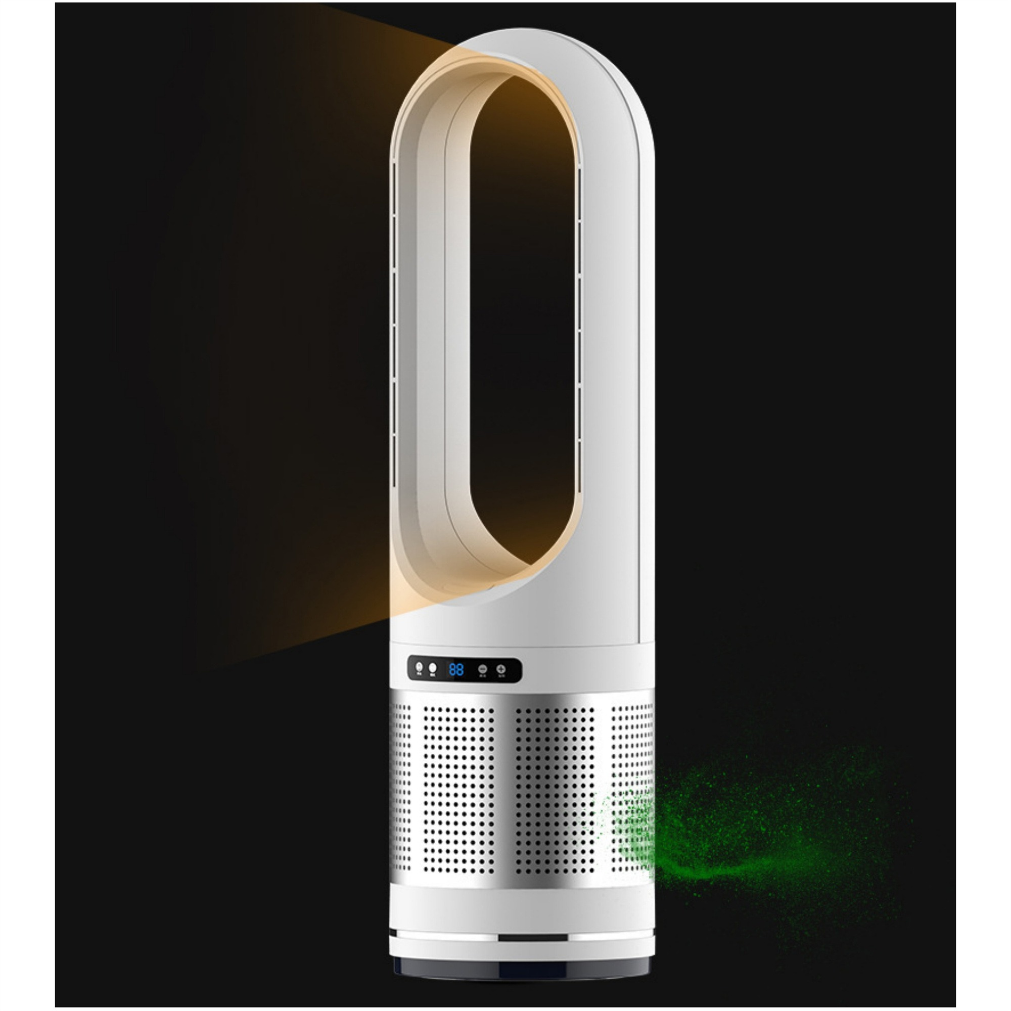 Weiß-silberner Ventilator, hoch und oval geformt, mit Licht, das von oben ausgeht. Dunkler Hintergrund mit grünen Partikeln.
