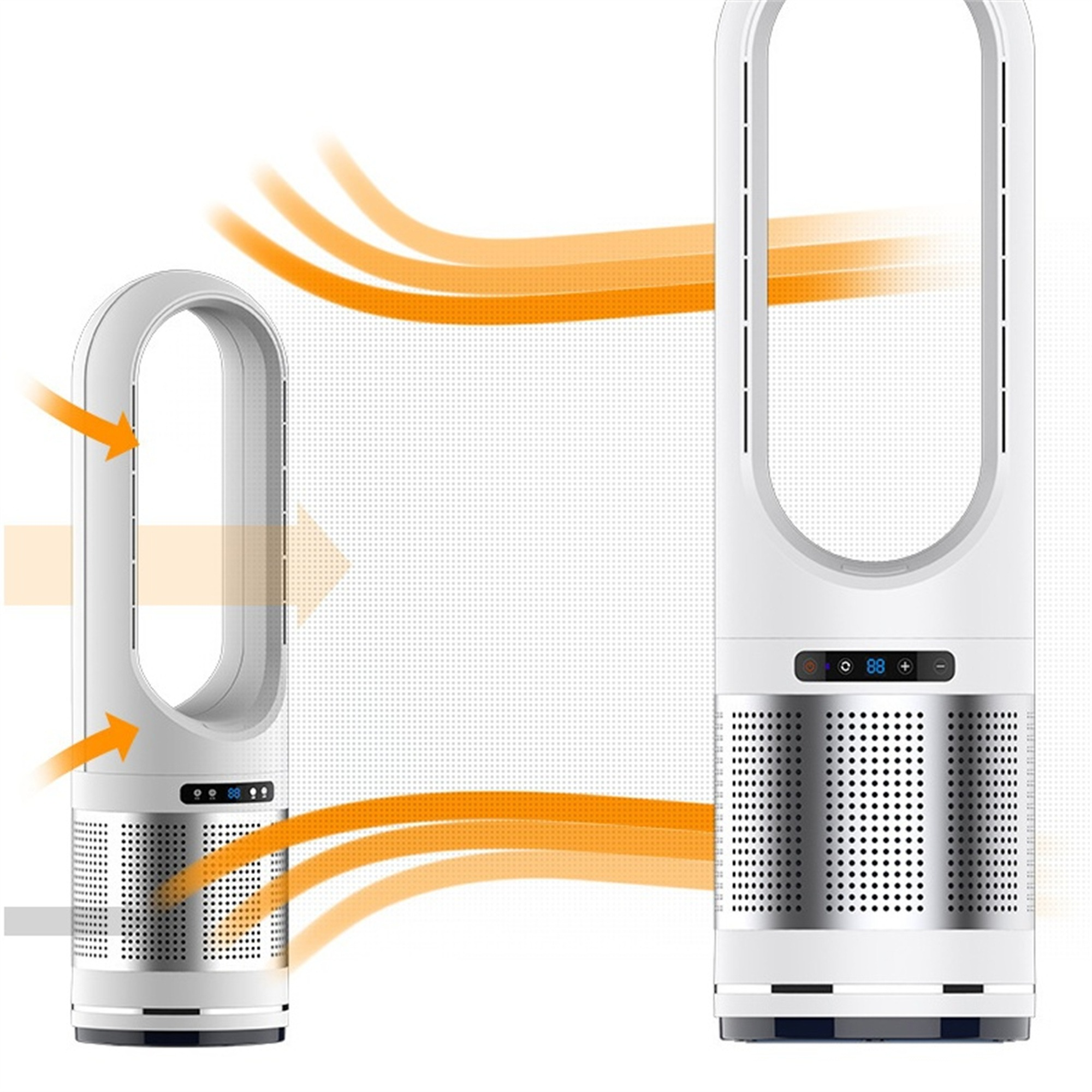 Zwei weiß-silberne Ventilatoren, die Luft ausblasen. Orangefarbene Pfeile zeigen den Luftstrom an. Weißer Hintergrund.