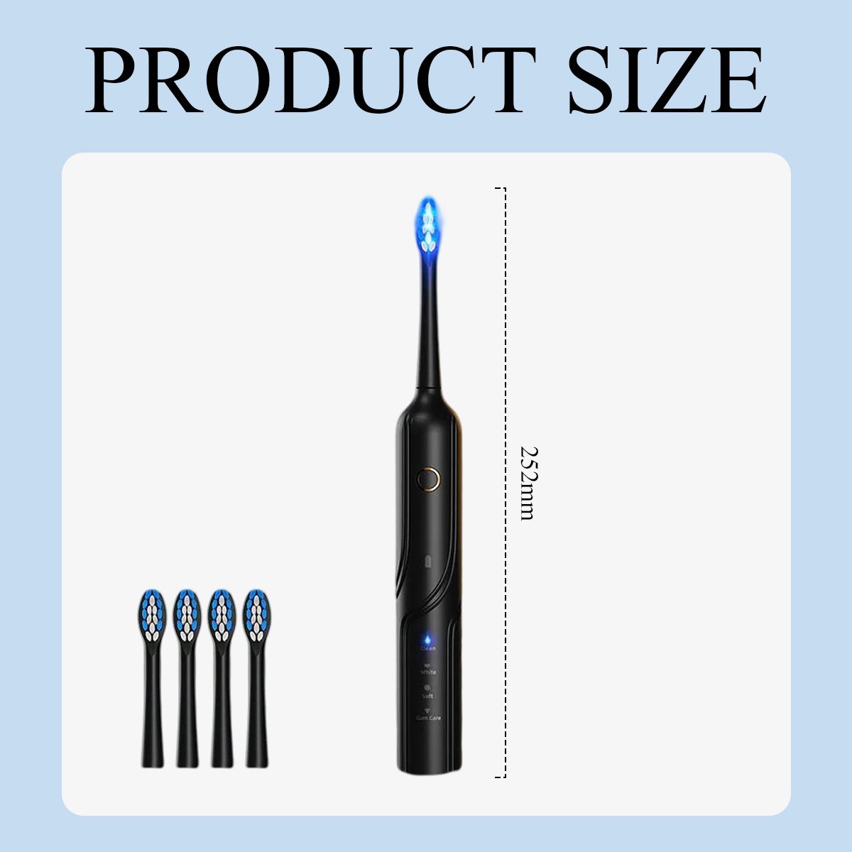 Schwarze elektrische Zahnbürste mit blauem Bürstenkopf, vier Ersatzköpfen und Produktdetails.
