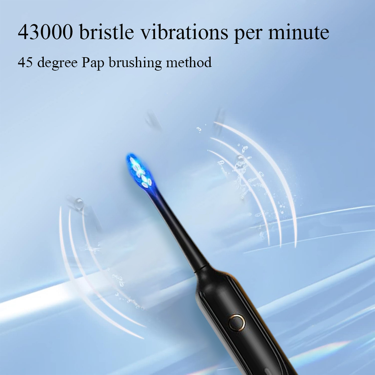 Schwarze elektrische Zahnbürste mit blauen Borsten. Text: 43000 Borstenvibrationen pro Minute, 45-Grad-Putzmethode.