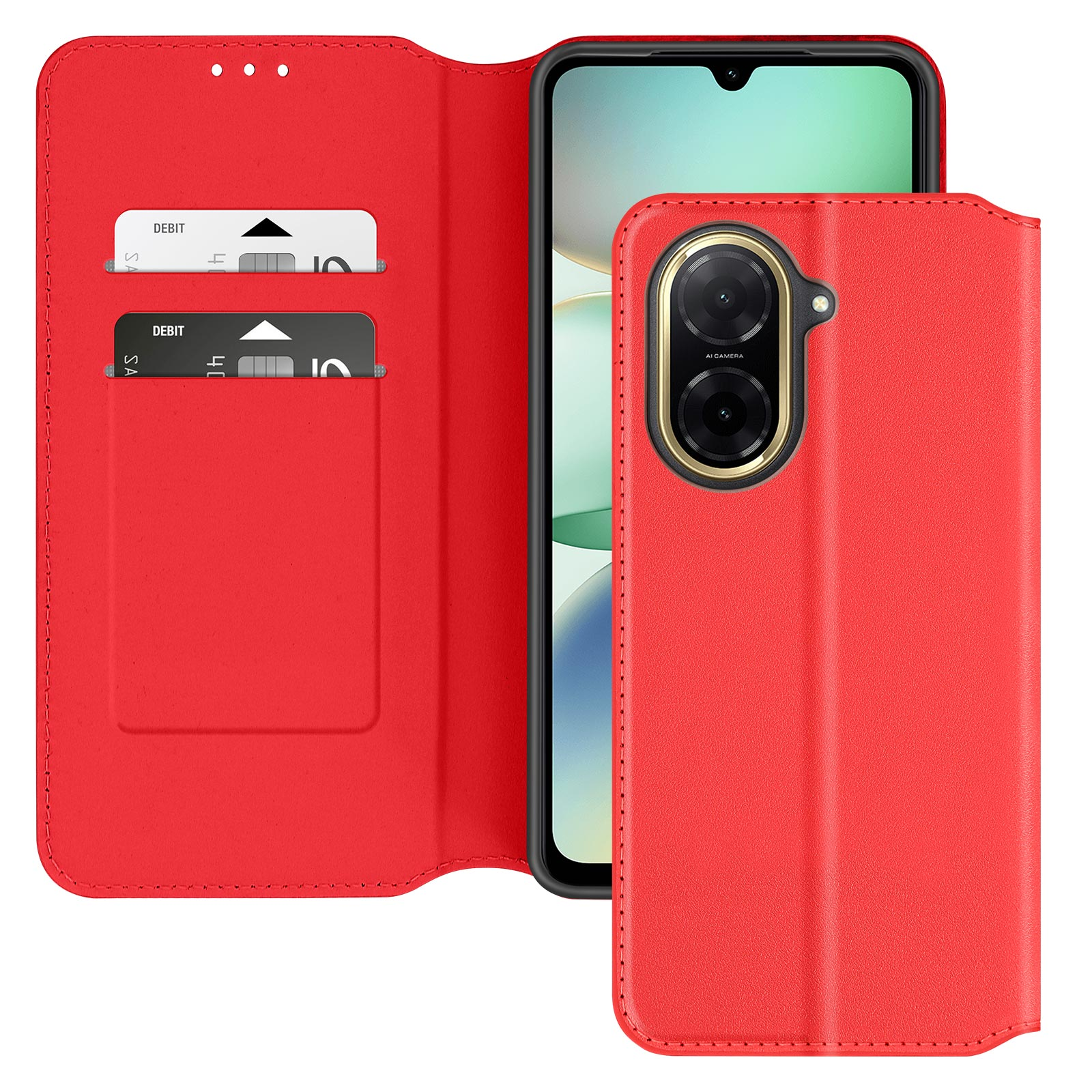 Custodia del telefono rossa aperta, con carte nelle fessure e telefono all'interno.