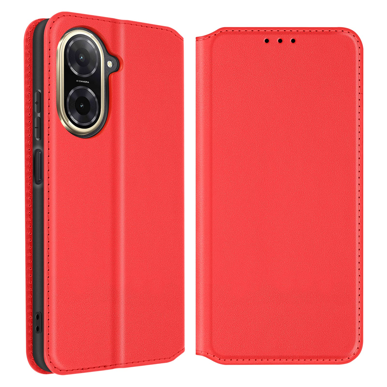Custodia rossa per telefono, aperta, mostra il telefono.