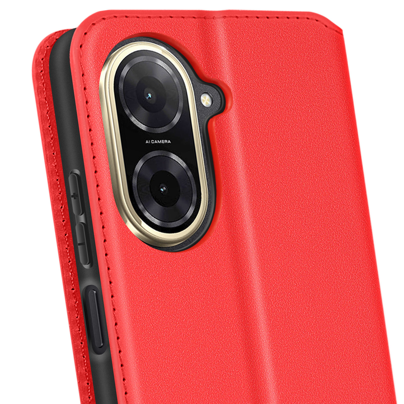 Primo piano di una custodia rossa per telefono con obiettivo della fotocamera e telefono.