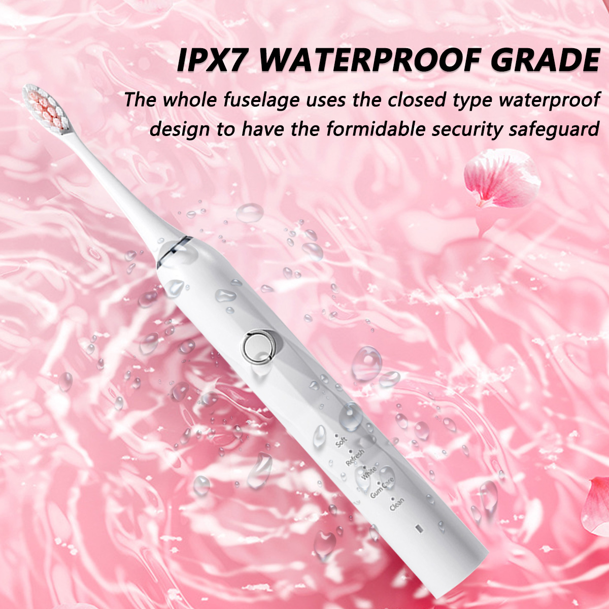 Weiße Zahnbürste im Wasser mit rosa Hintergrund. Text: IPX7 WASSERDICHT. Wassertropfen und Blütenblätter.