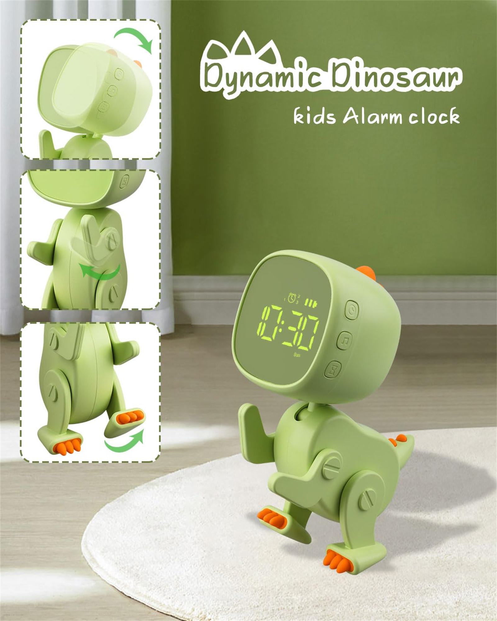Ein grüner Dinosaurier-Wecker mit der angezeigten Zeit 10:30 und zusätzlichen Ansichten.