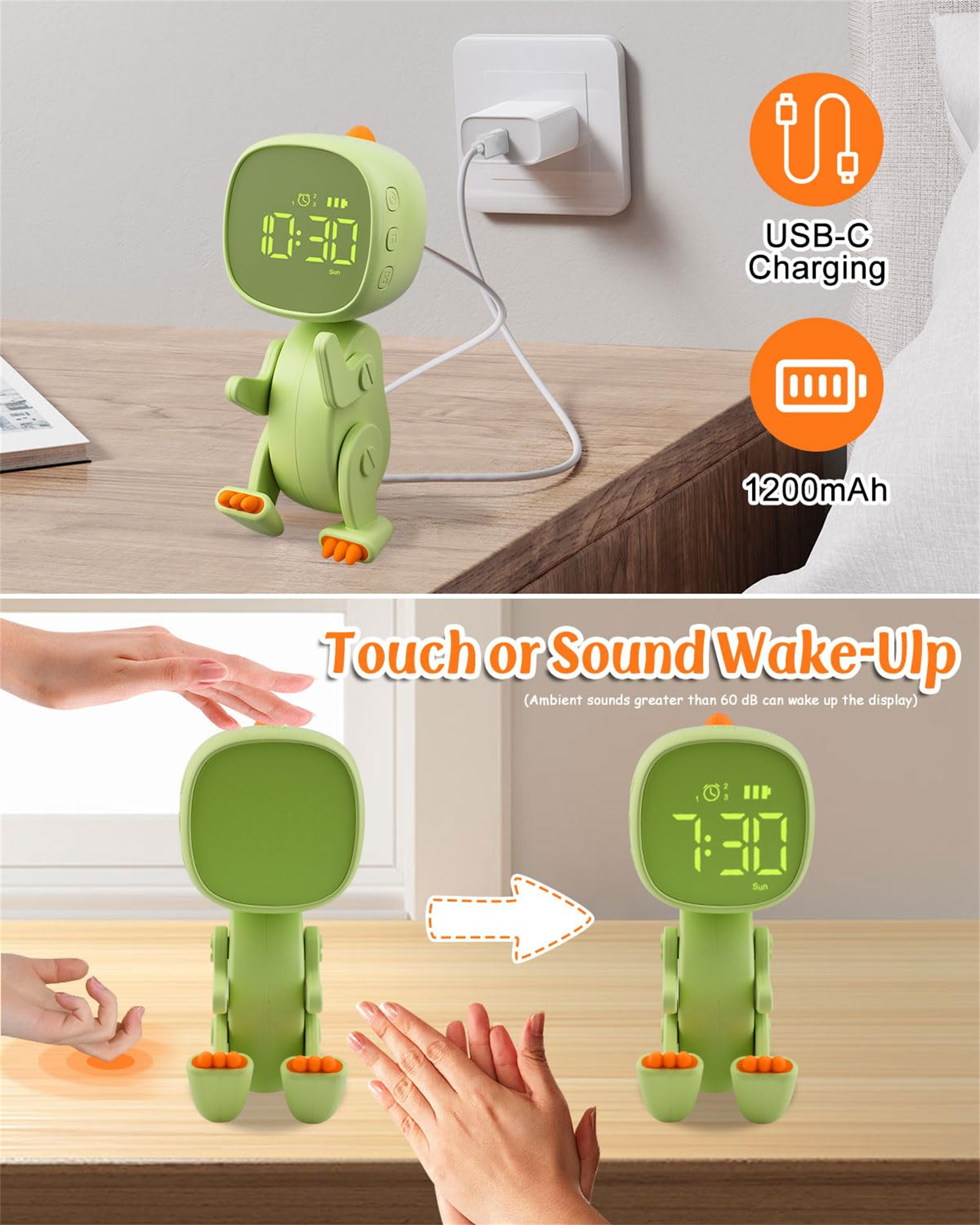 Ein grüner Dinosaurier-Wecker mit 10:30, USB-C-Laden und 1200mAh Akku.
