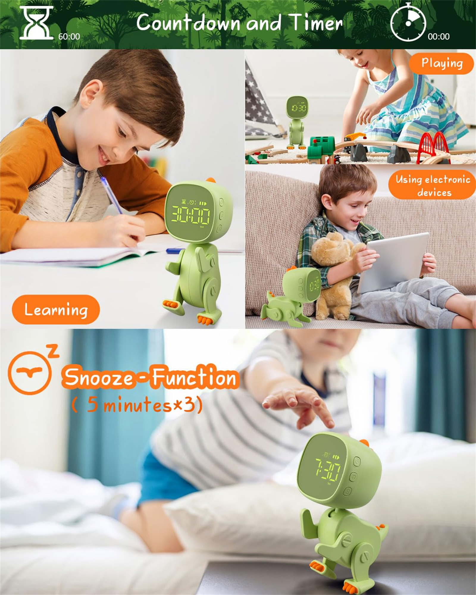 Grüner Dinosaurier-Wecker zeigt 30:00, mit einem Jungen beim Lernen, einem Mädchen beim Spielen, Kindern mit Geräten.
