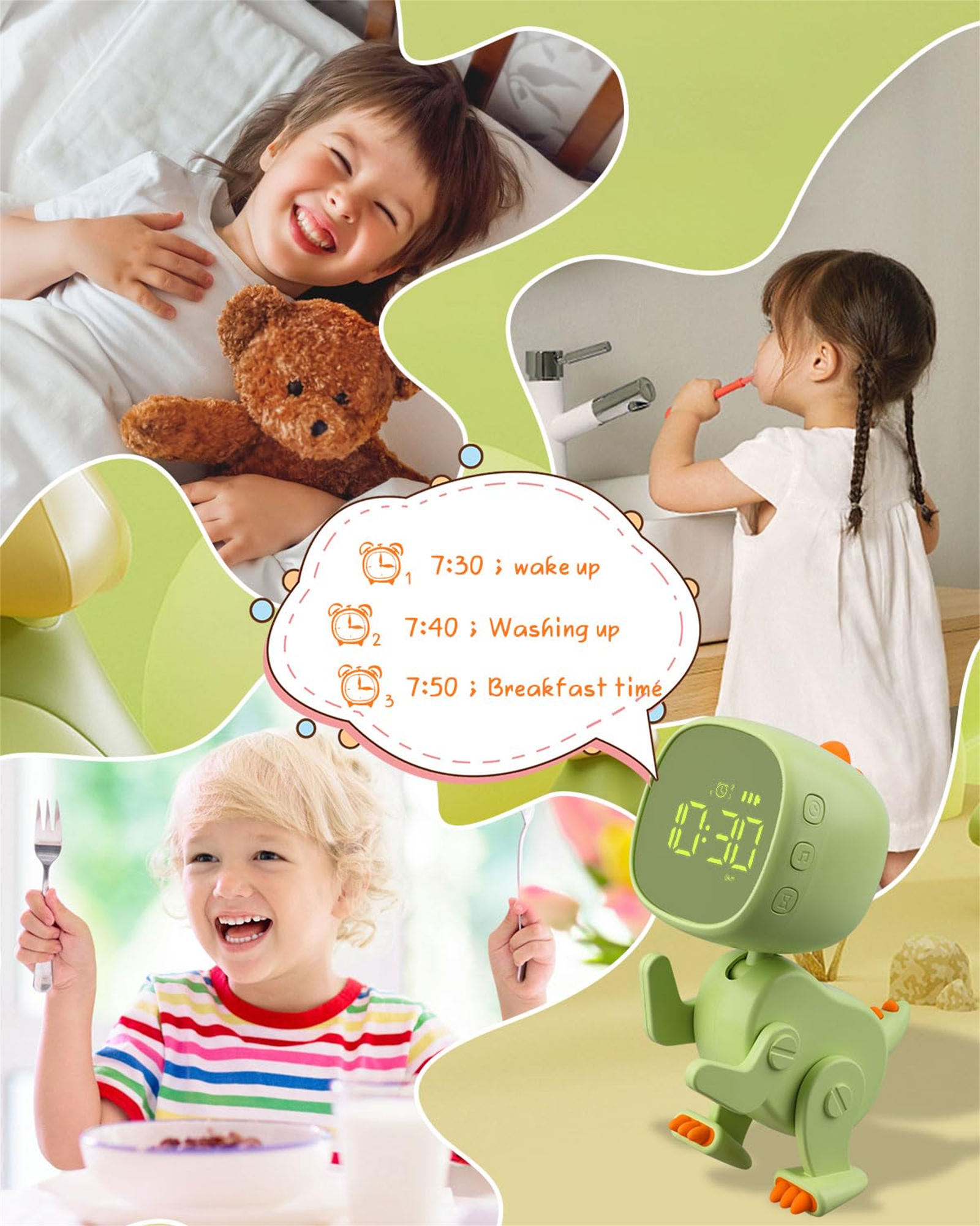 Grüner Dinosaurier-Wecker mit Kindern: 7:30 Aufwachen, 7:40 Waschen, 7:50 Frühstück und Teddybär.