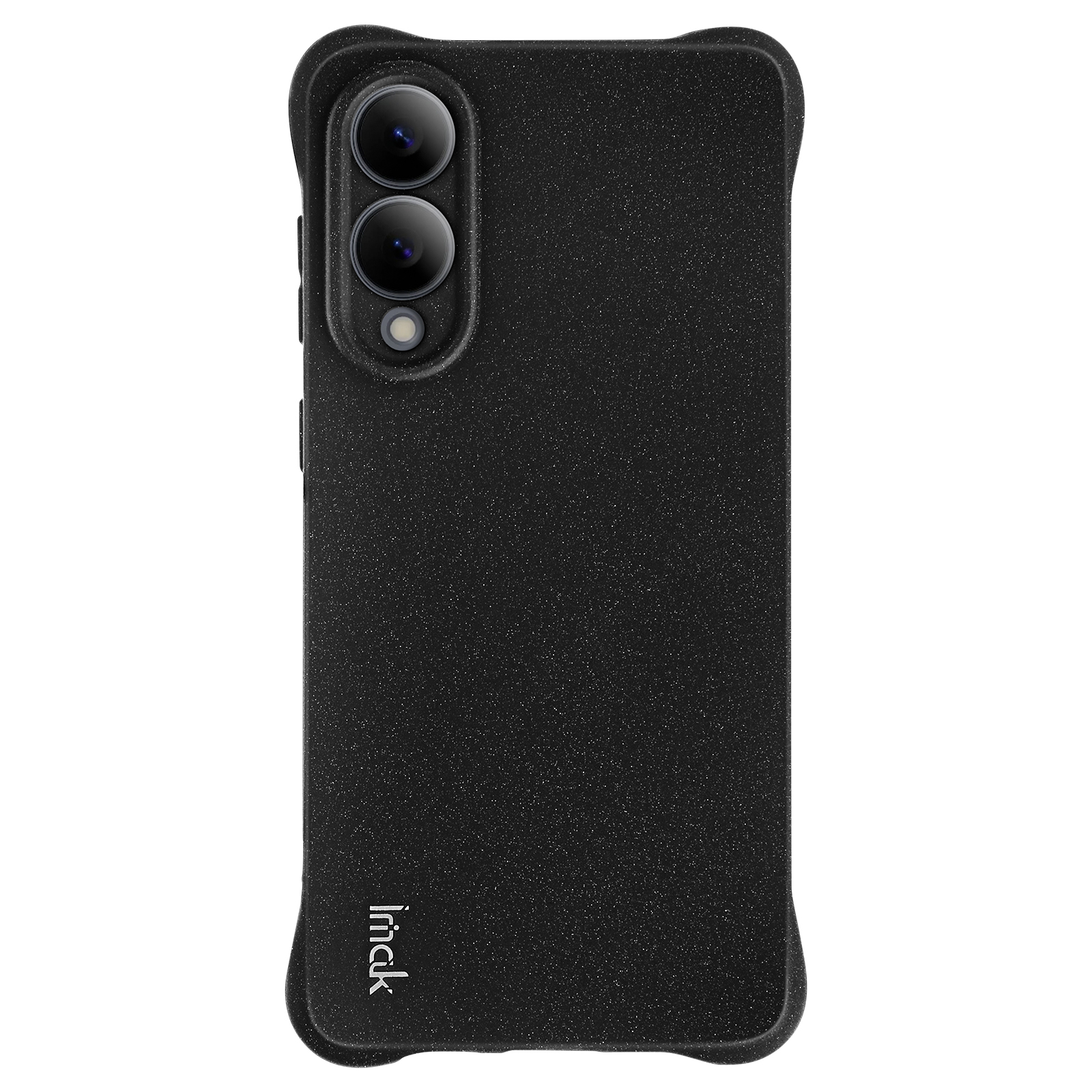 Custodia nera per telefono con doppia fotocamera e logo Imask, con finitura strutturata.