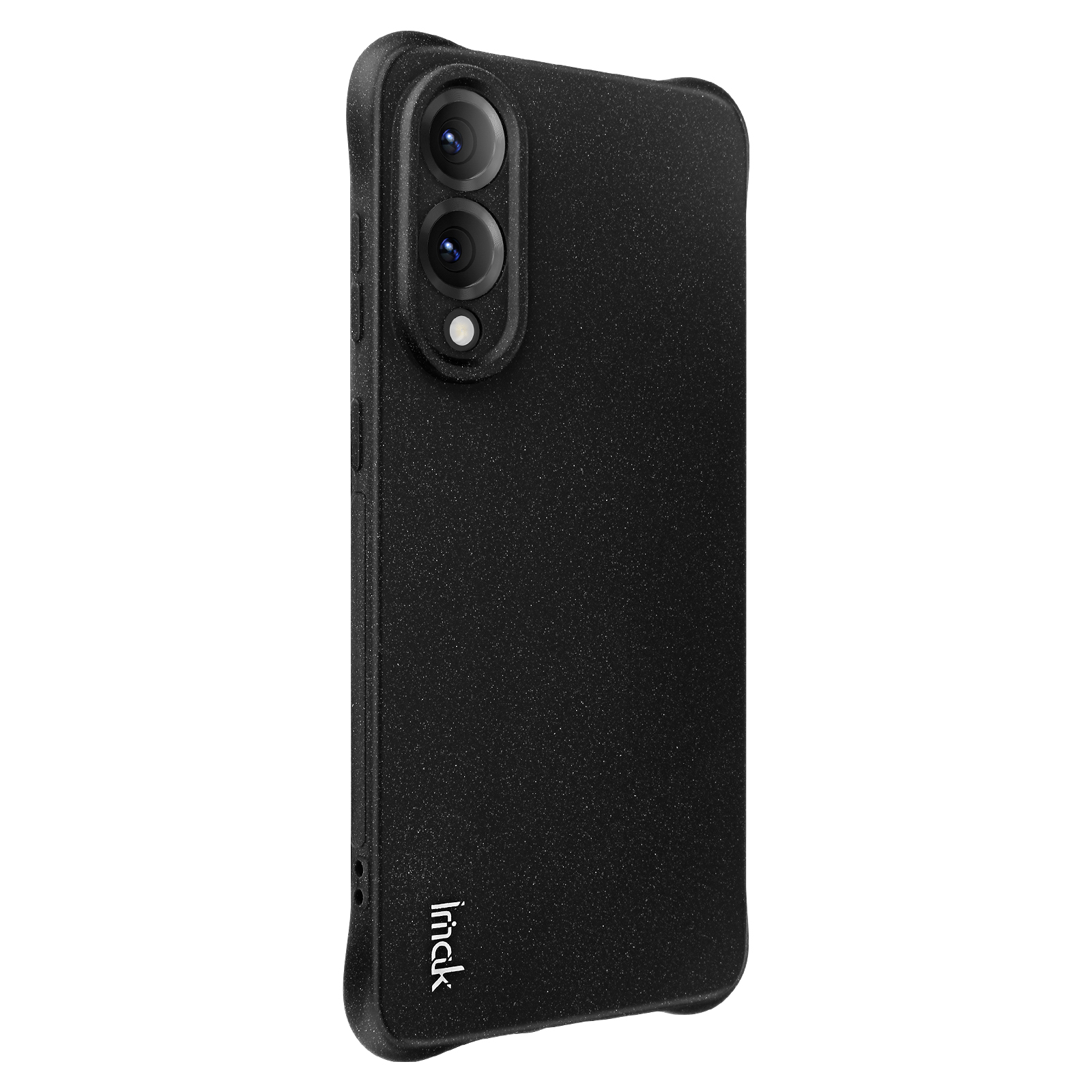 Custodia nera per telefono con doppia fotocamera, finitura strutturata e logo Imask laterale.