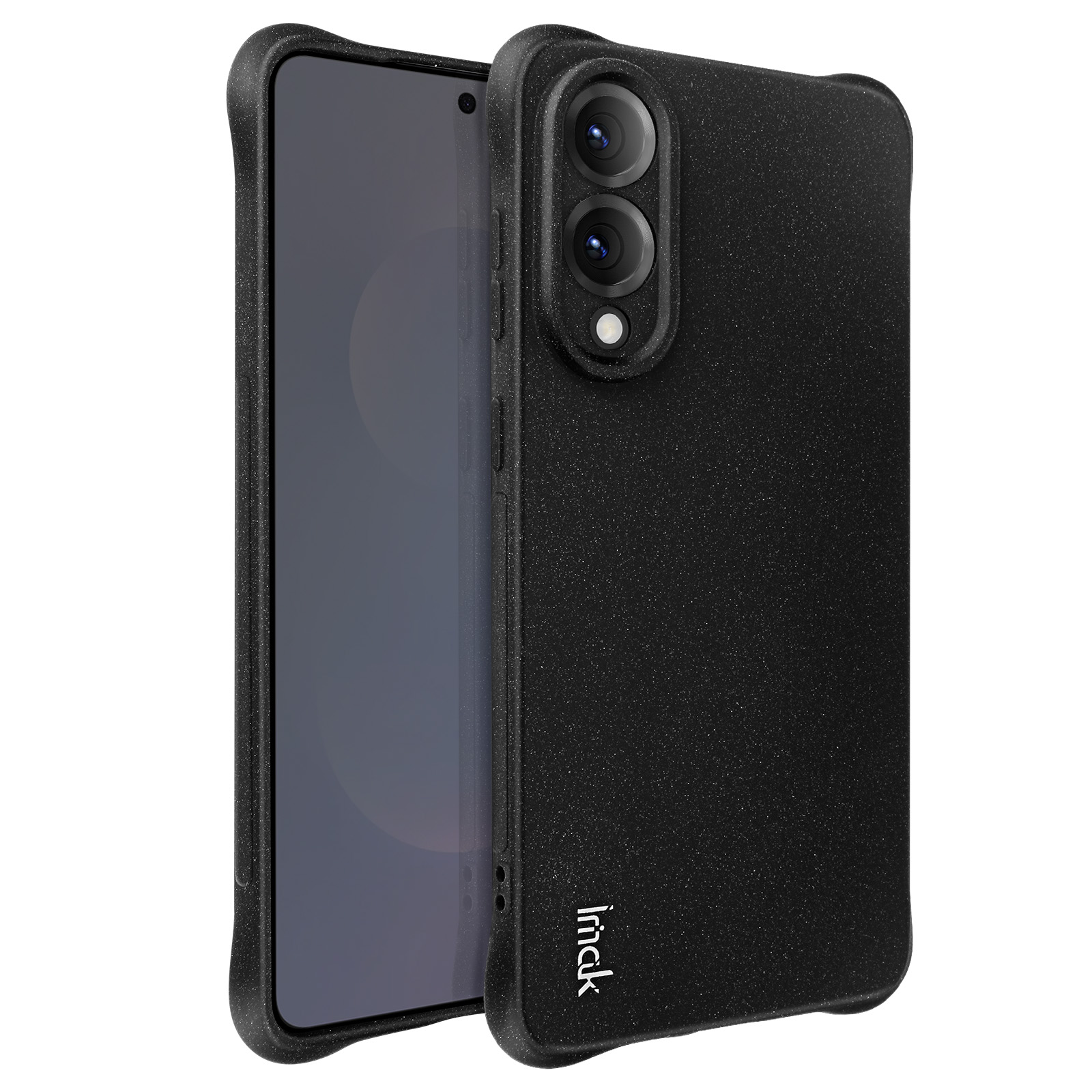 Custodia nera per telefono con schermo, doppia fotocamera e logo Imask, con finitura strutturata.