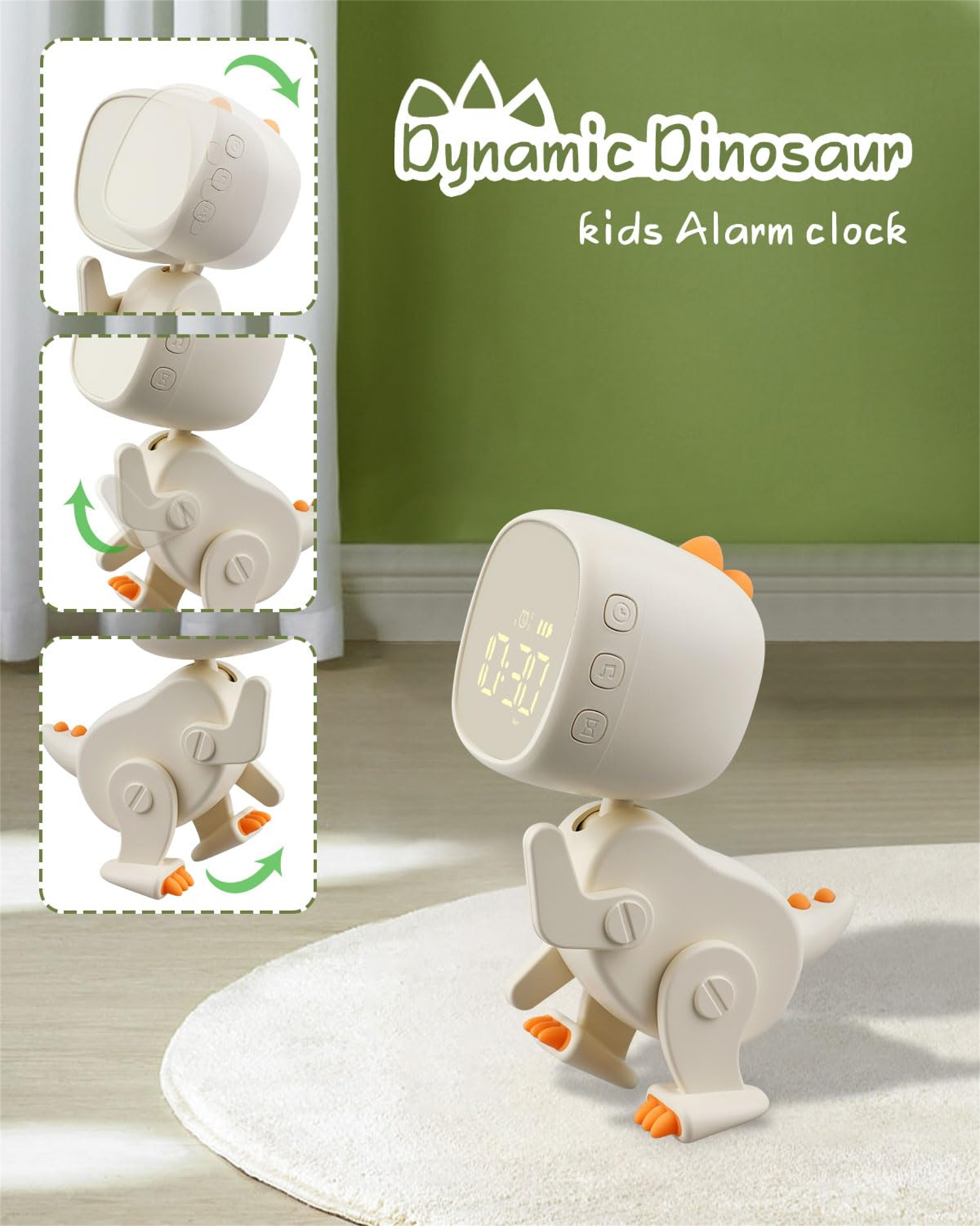 Ein weißer Dinosaurier-Wecker mit beweglichem Kopf und Beinen in verschiedenen Posen.