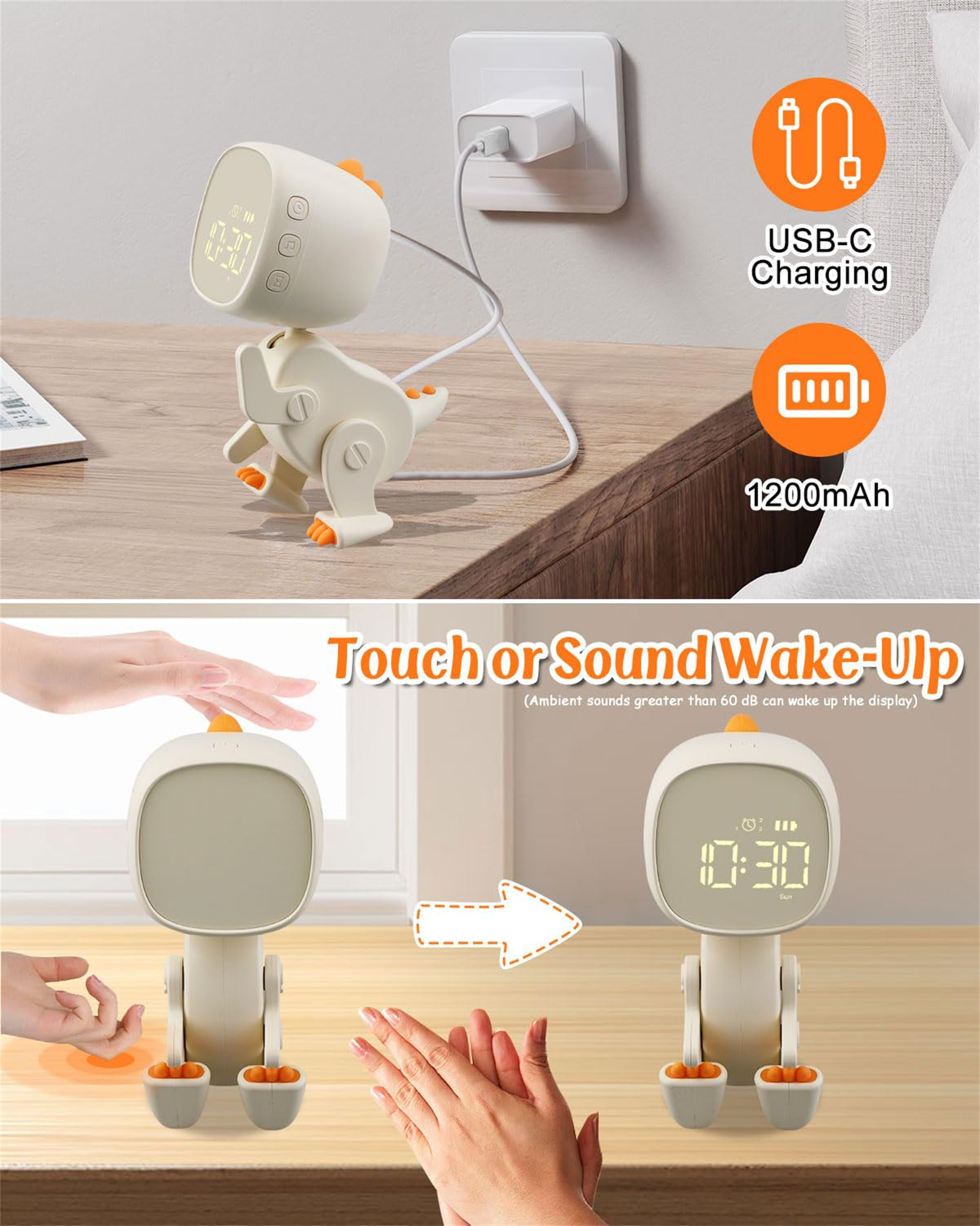Ein hellfarbiger Dinosaurier-Wecker mit digitaler Anzeige und Ladekabel an der Wand.
