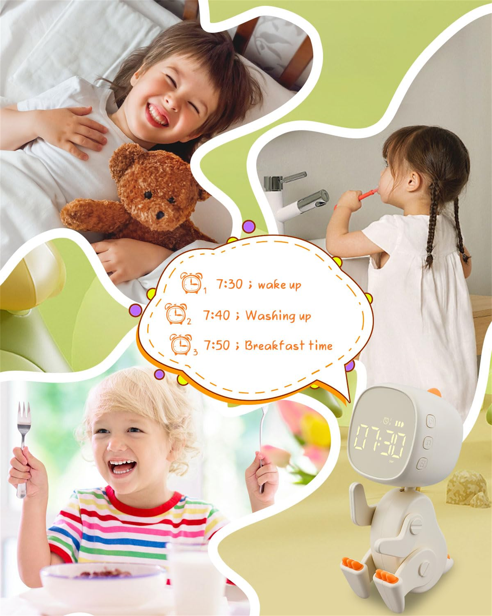 Eine Collage der Morgenroutine von Kindern mit einer Dinosaurieruhr, die die Zeit anzeigt.