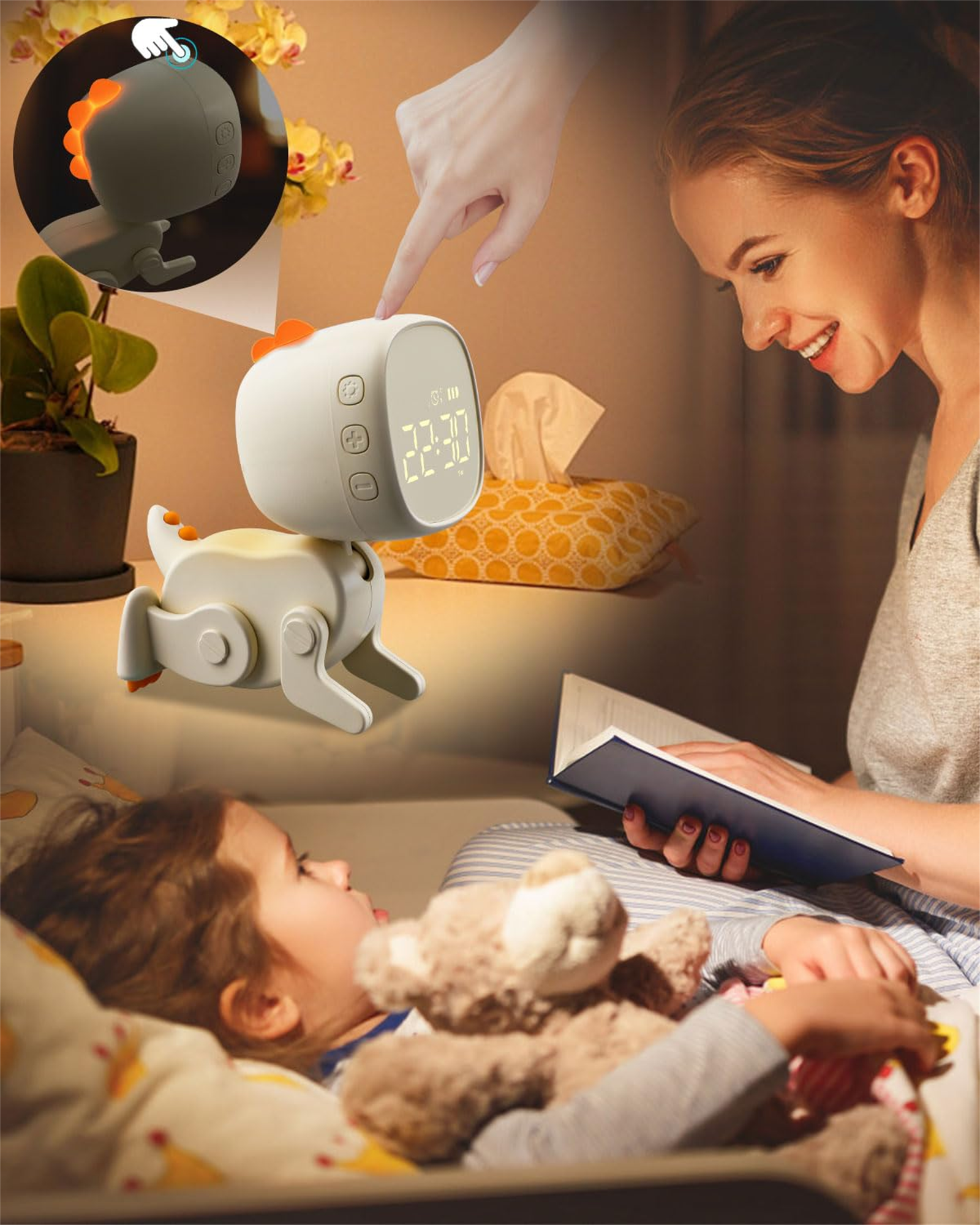 Ähnliche Szene wie im ersten Bild, ein grüner Dinosaurier-Wecker auf einem Nachttisch und ein Mädchen im Bett.