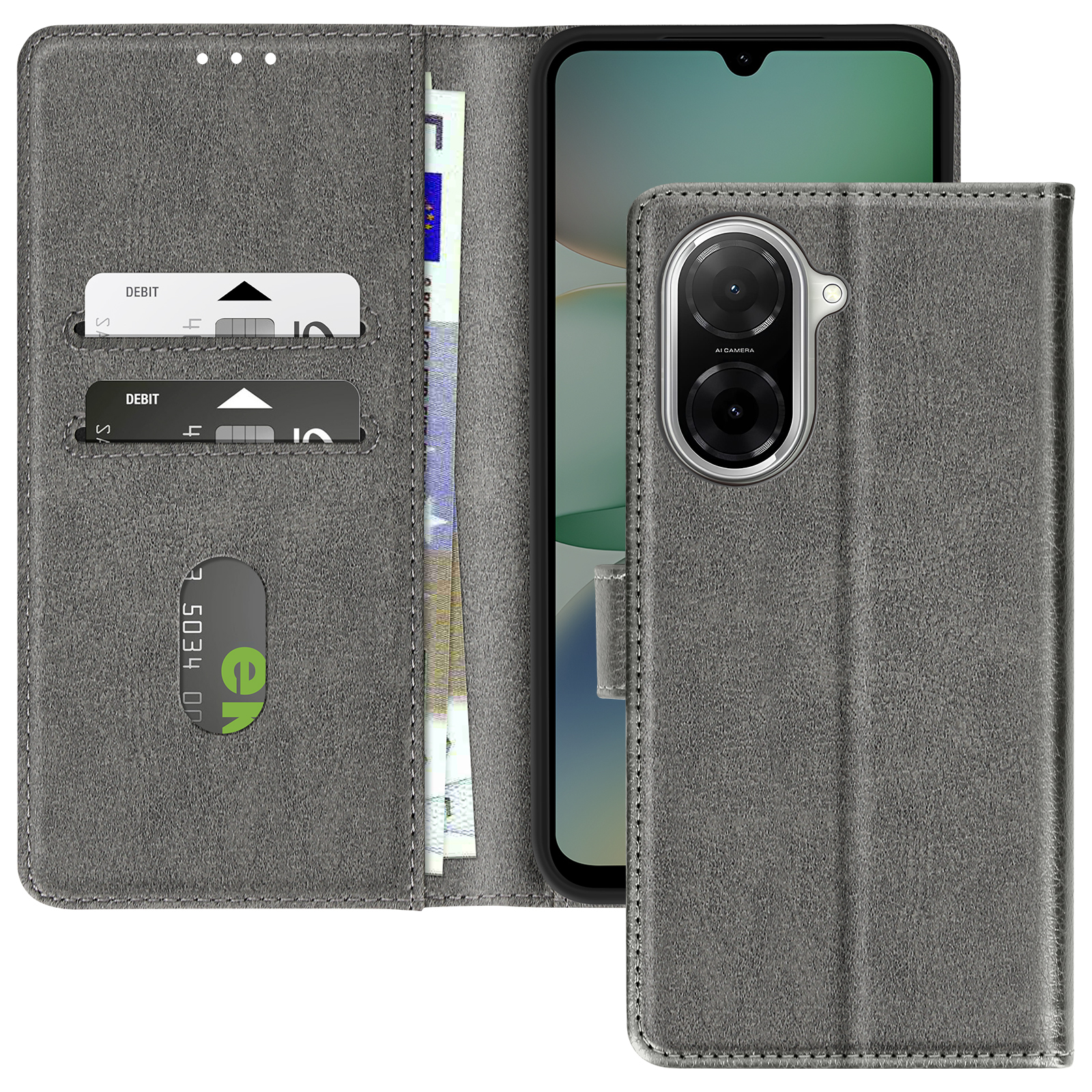 Una custodia per telefono in pelle grigia aperta, che rivela un telefono, carte di credito e denaro.